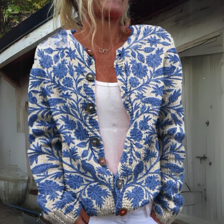 Leilani - Varm og smuk cardigan med blomsterprint