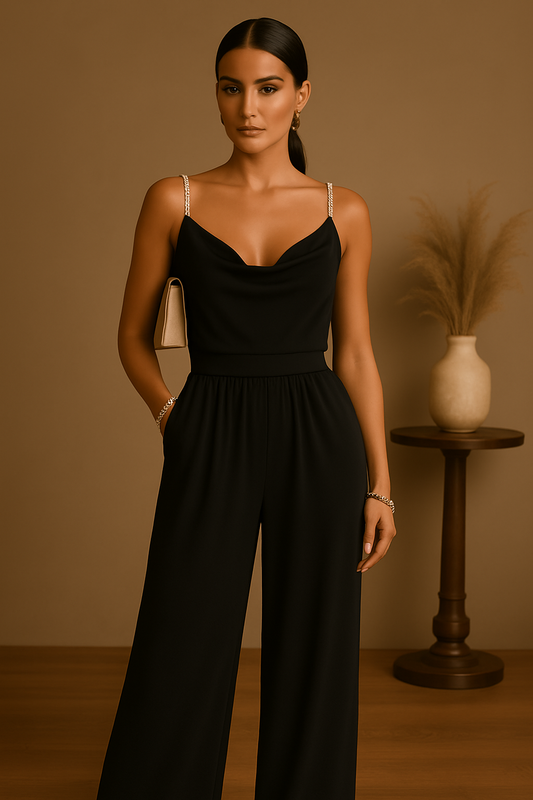 Elegant efterårsjumpsuit til damer i polyester med vide ben til bryllupper og festligheder