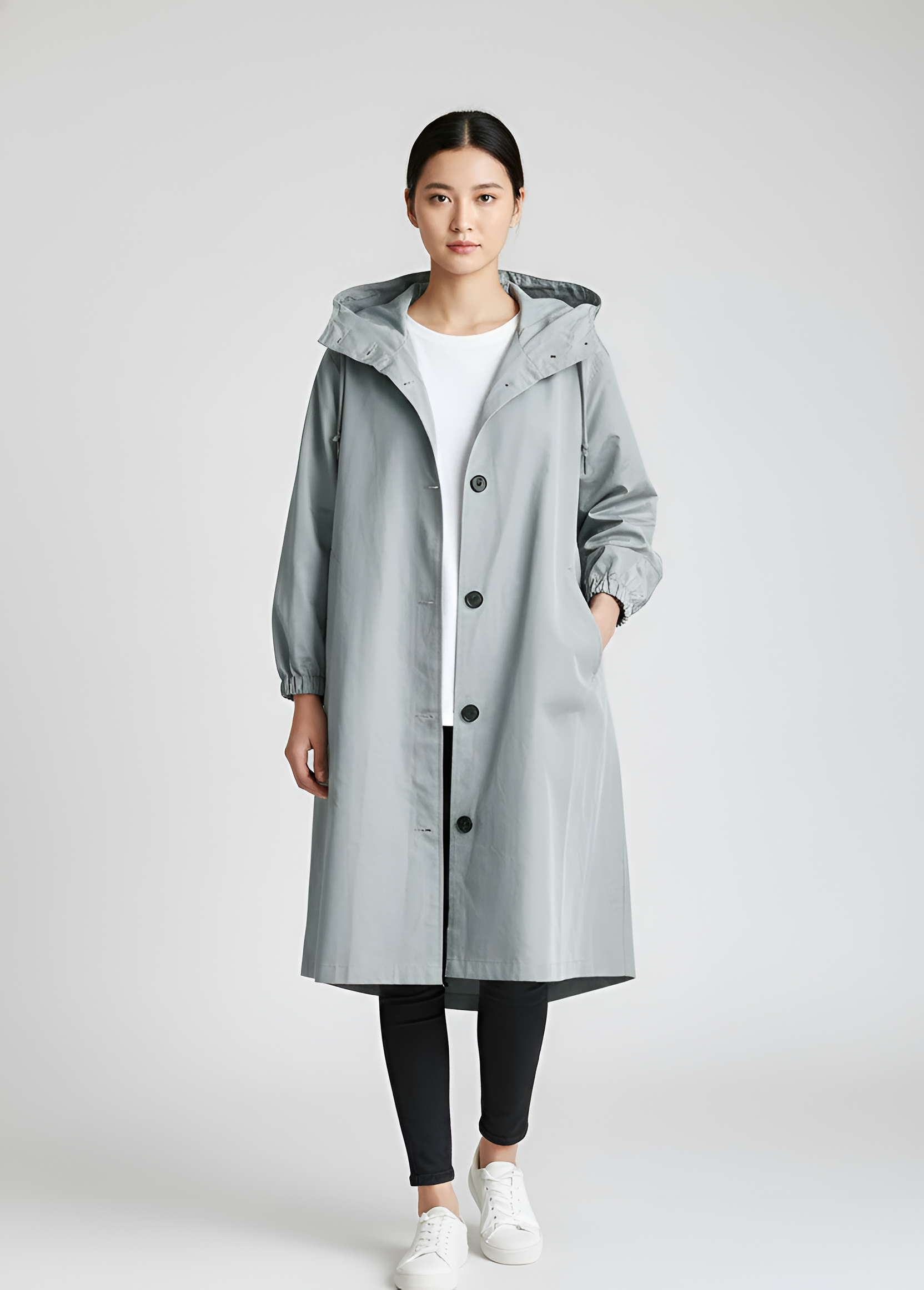 Lang damejakke med hætte let overgangsjakke til hverdagsbrug