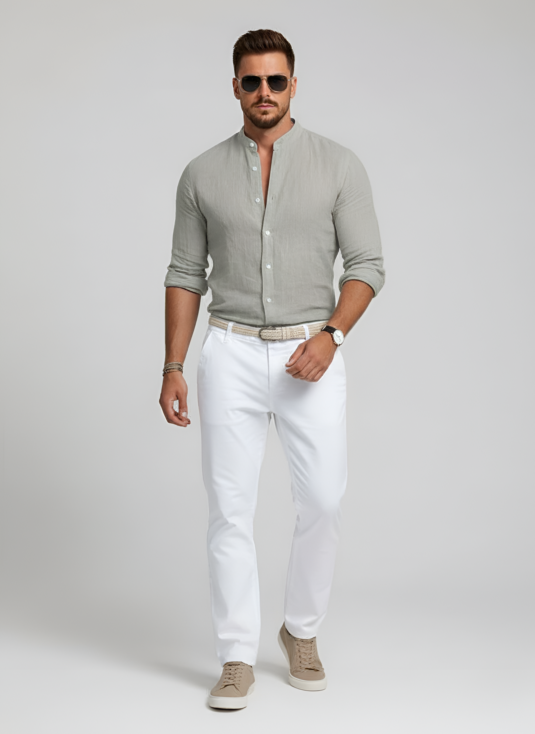 Herreskjorte i bomuld med kinakrave og lange ærmer