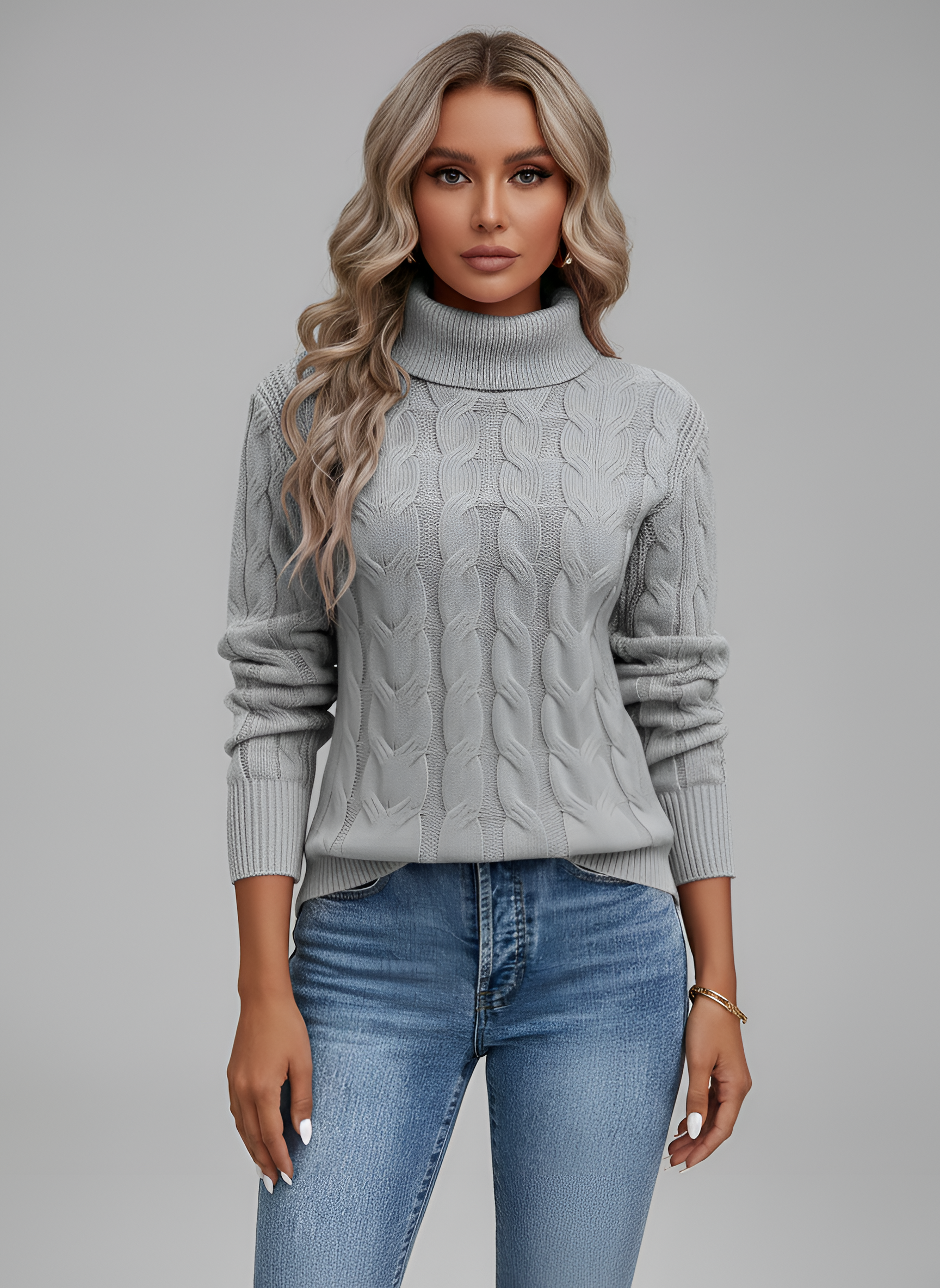 Pull femme à col roulé et torsades