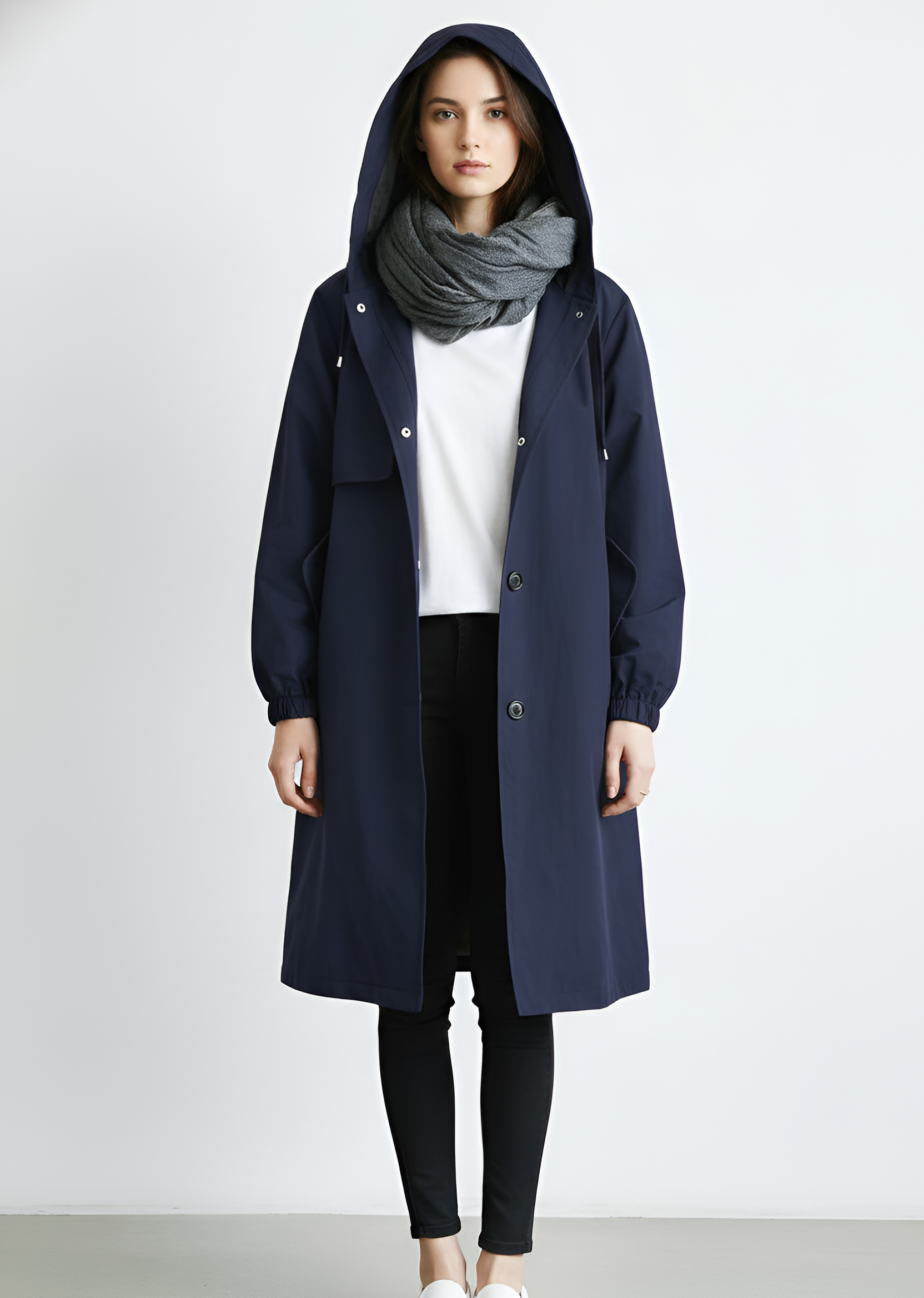 Lang damejakke med hætte let overgangsjakke til hverdagsbrug