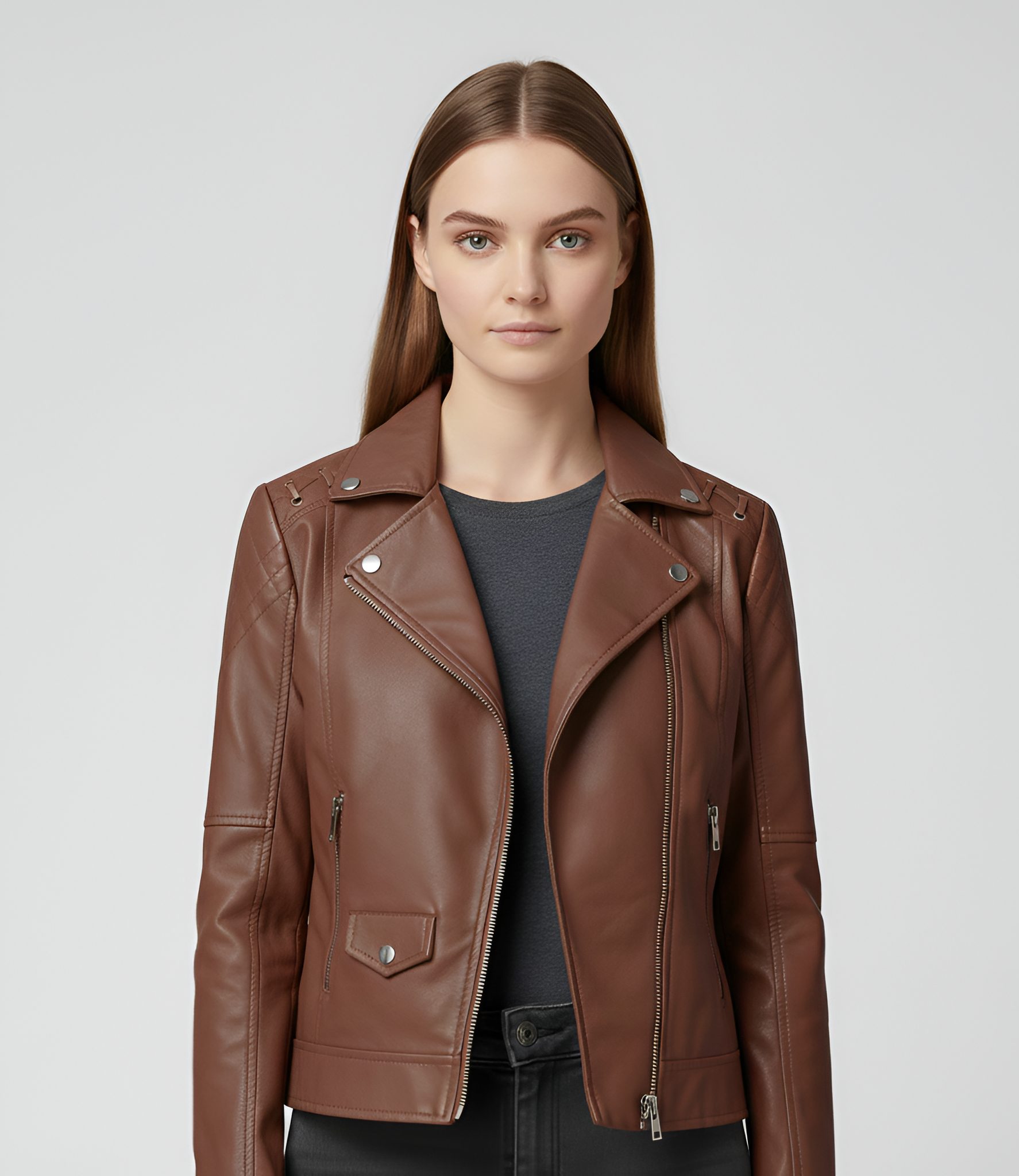 Kort Læderjakke til Dame med Lynlås og Slank Pasform