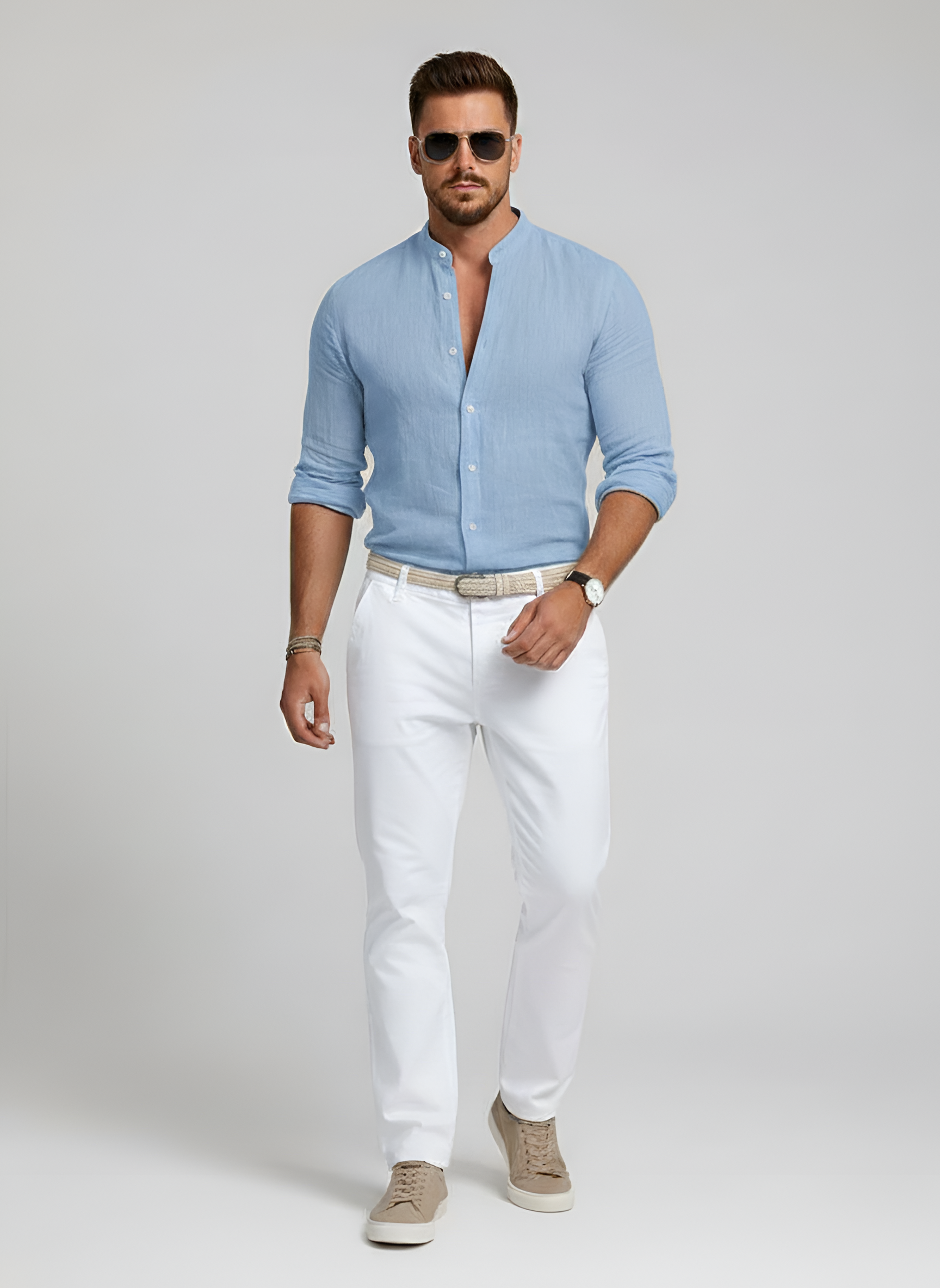 Herreskjorte i bomuld med kinakrave og lange ærmer