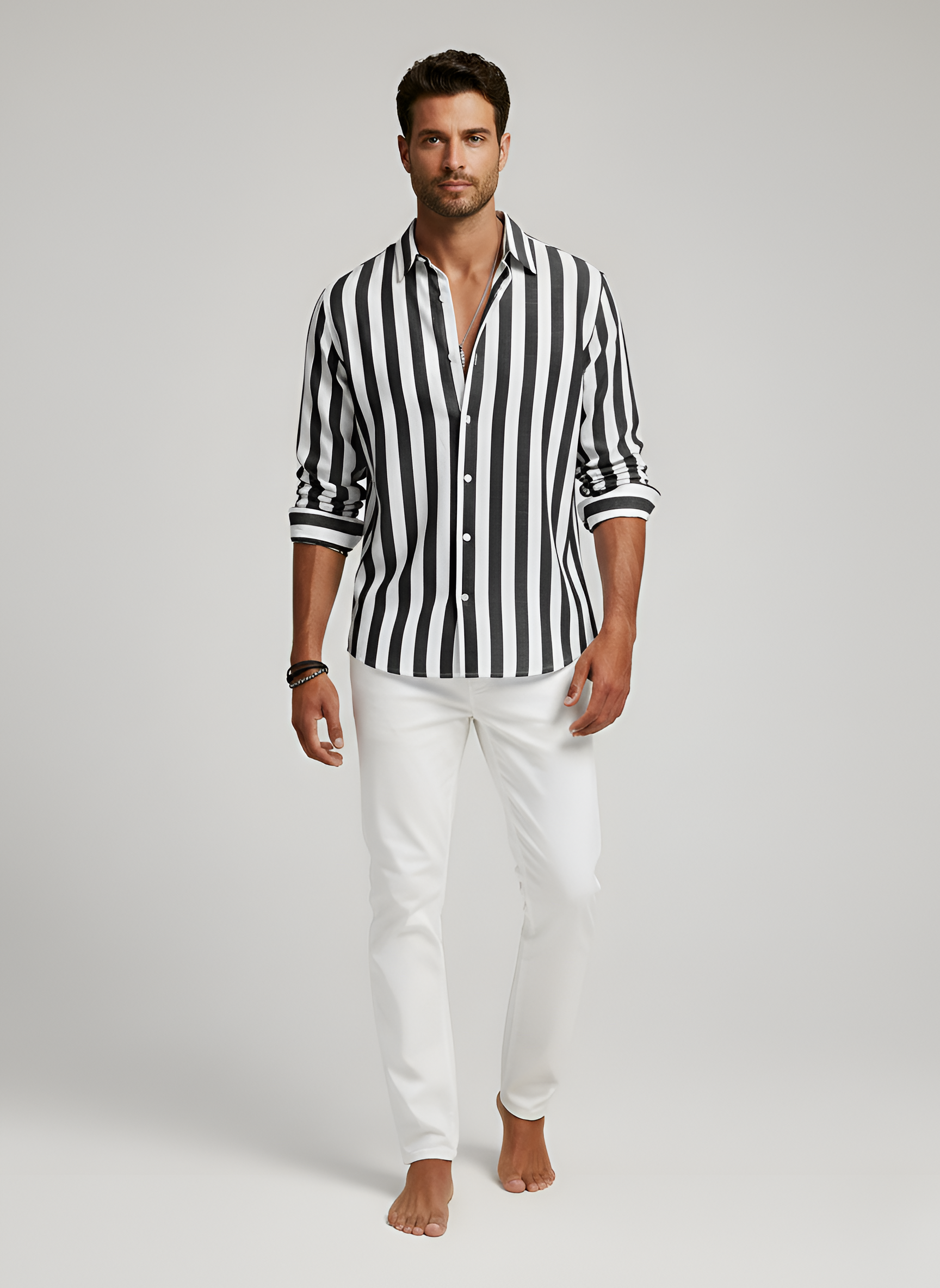 Herre stribet skjorte i bomuld slim fit med knapper