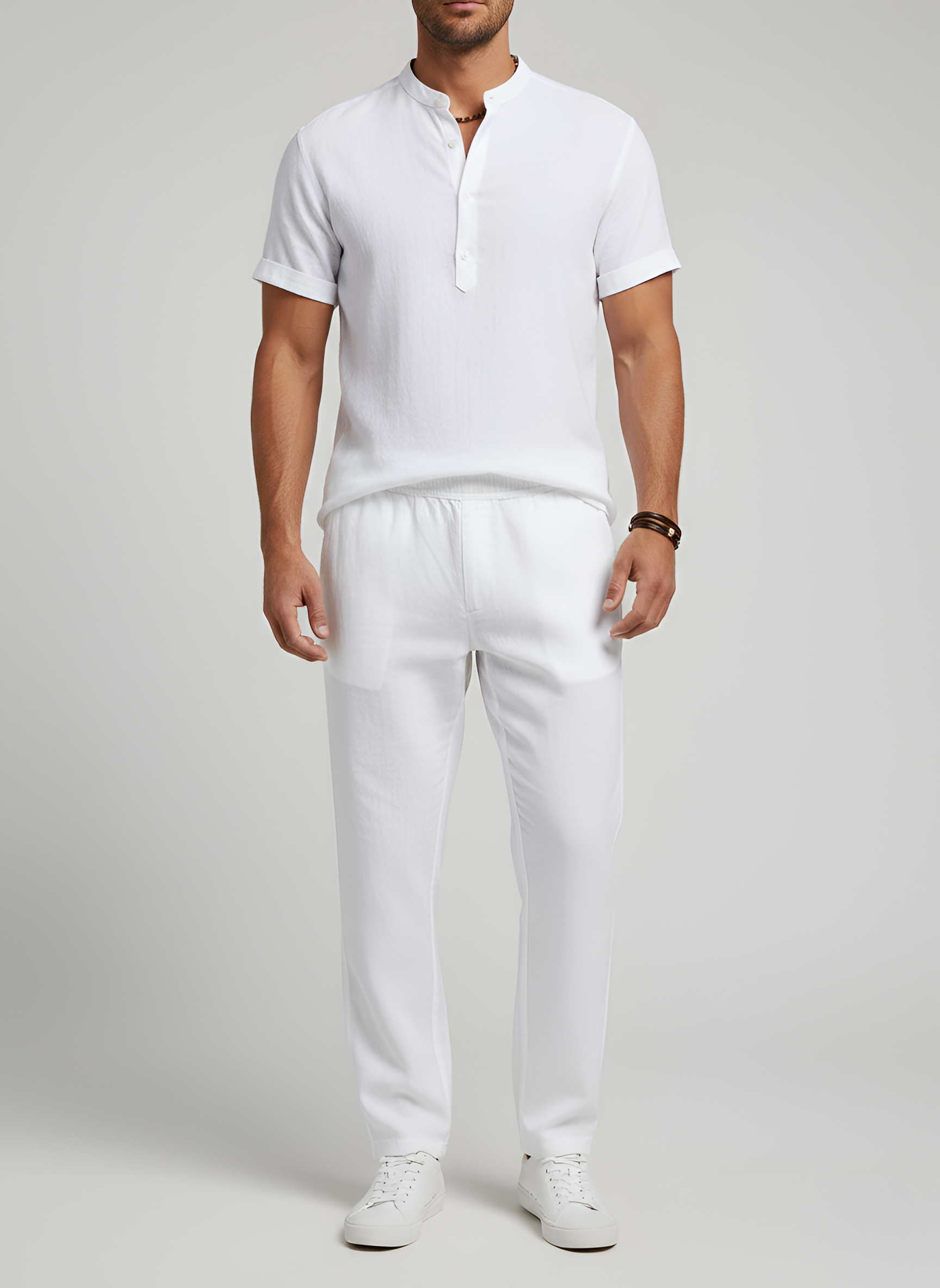 Kortærmet herreskjorte med V-udskæring i hørblanding afslappet pasform