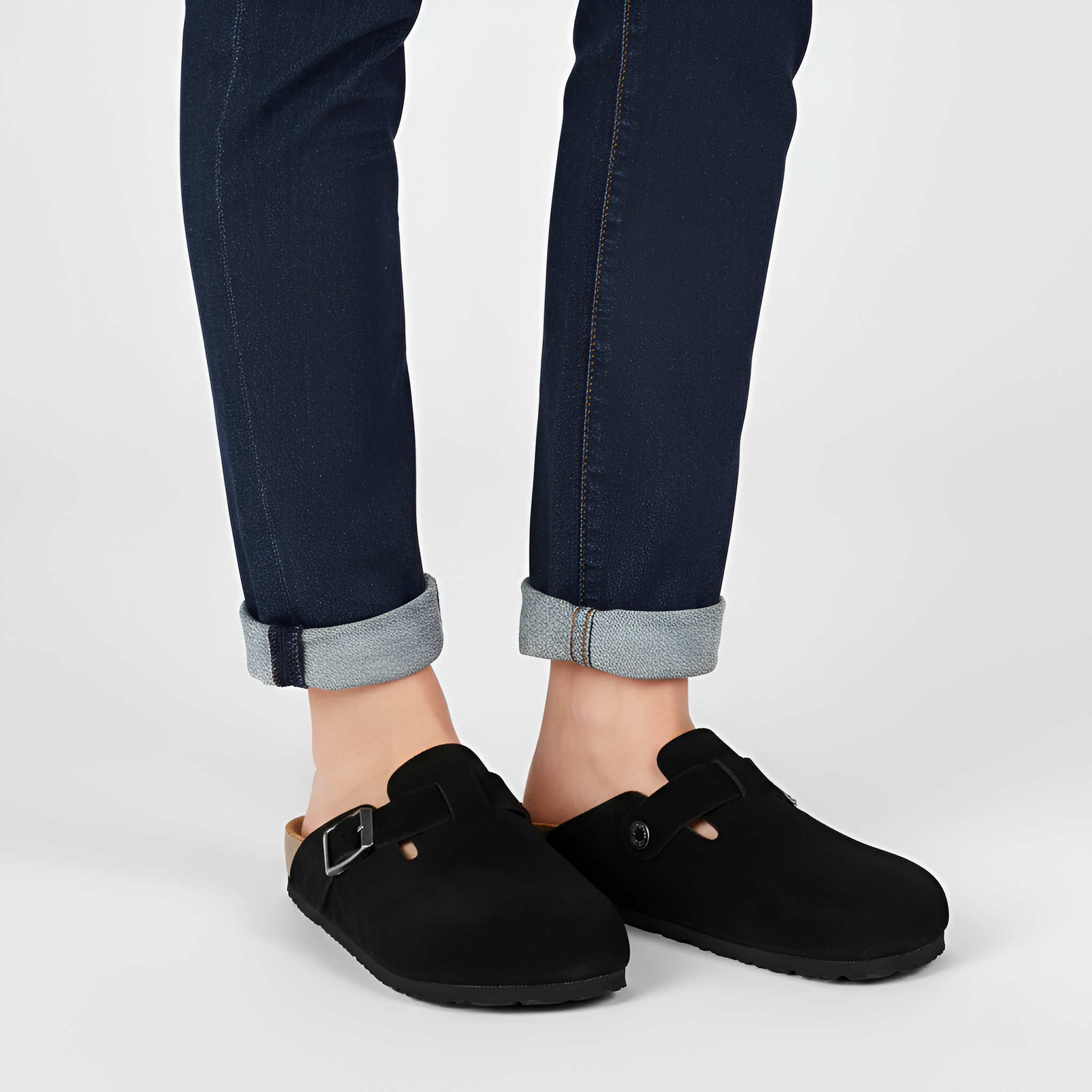 Herre clogs i ruskind med spænde og korksål i læder