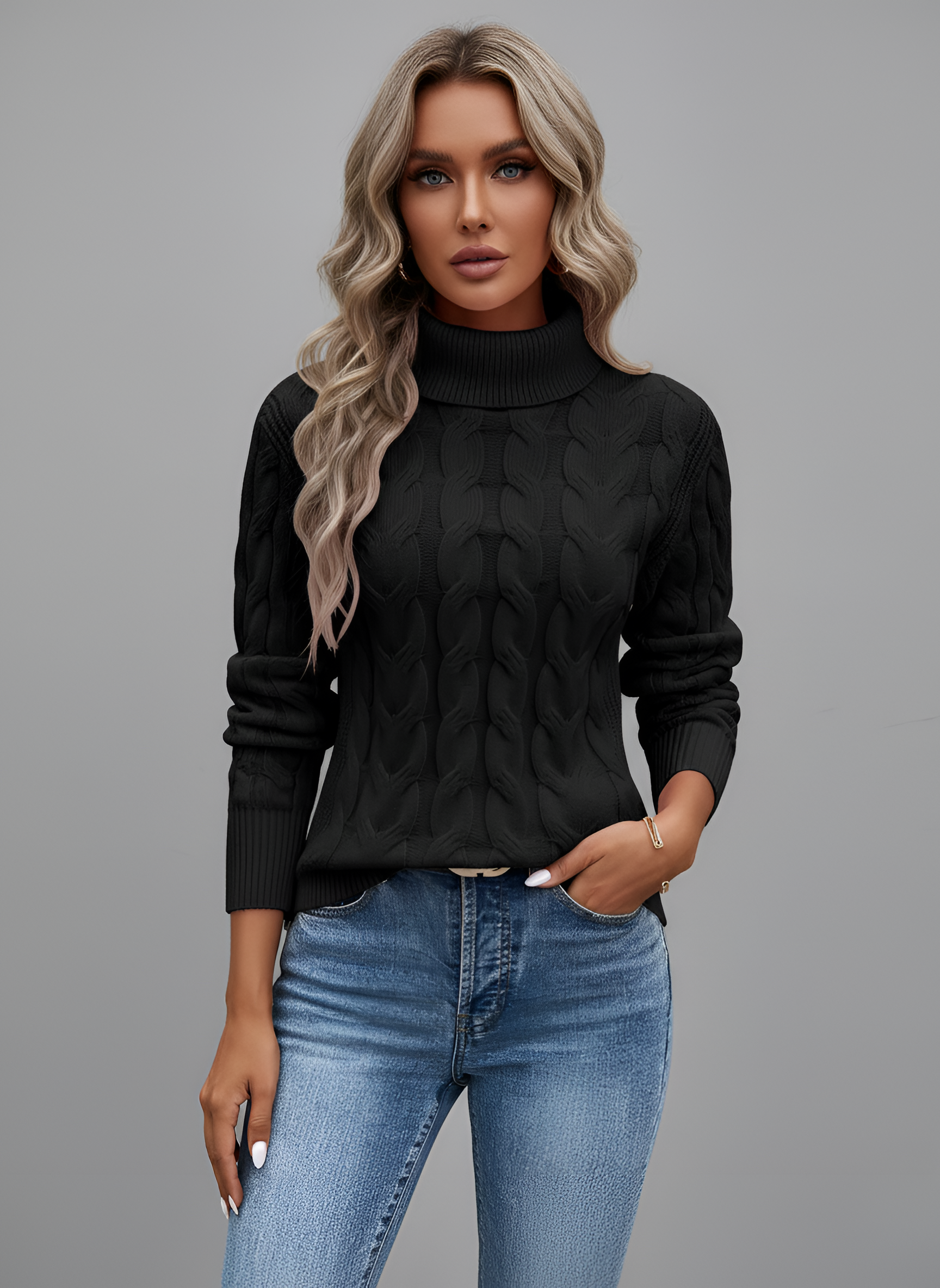 Pull femme à col roulé et torsades