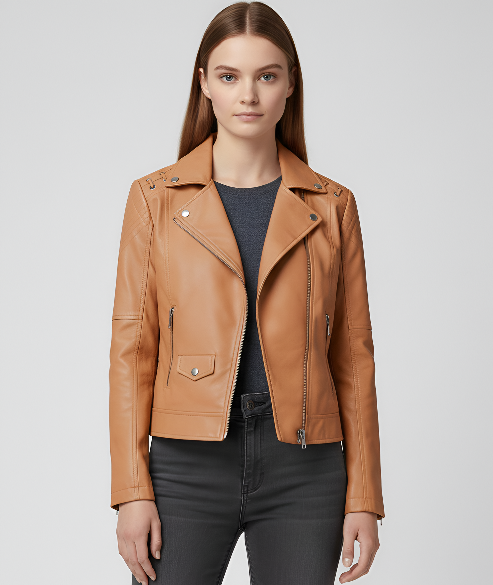 Kort Læderjakke til Dame med Lynlås og Slank Pasform