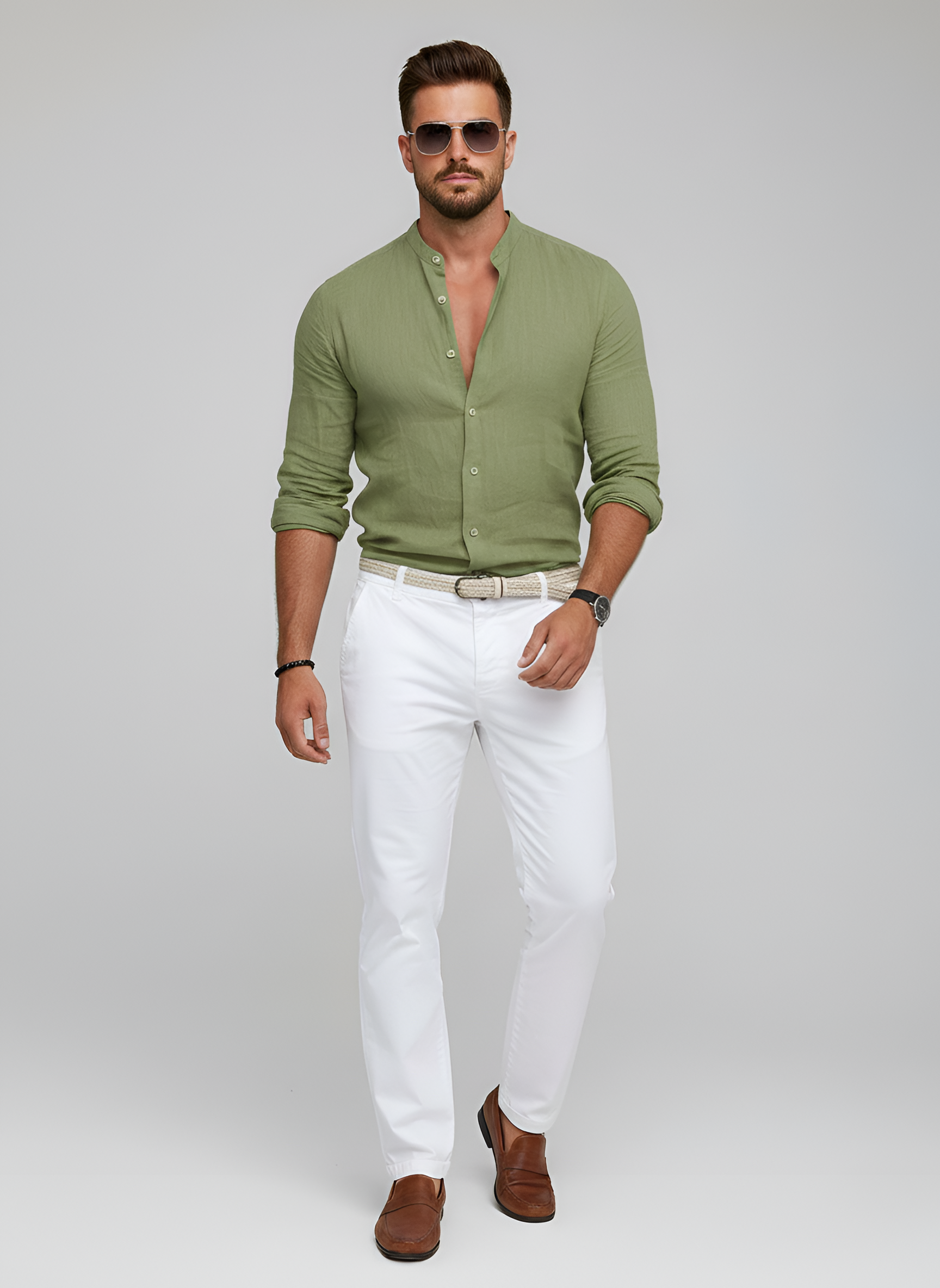 Herreskjorte i bomuld med kinakrave og lange ærmer