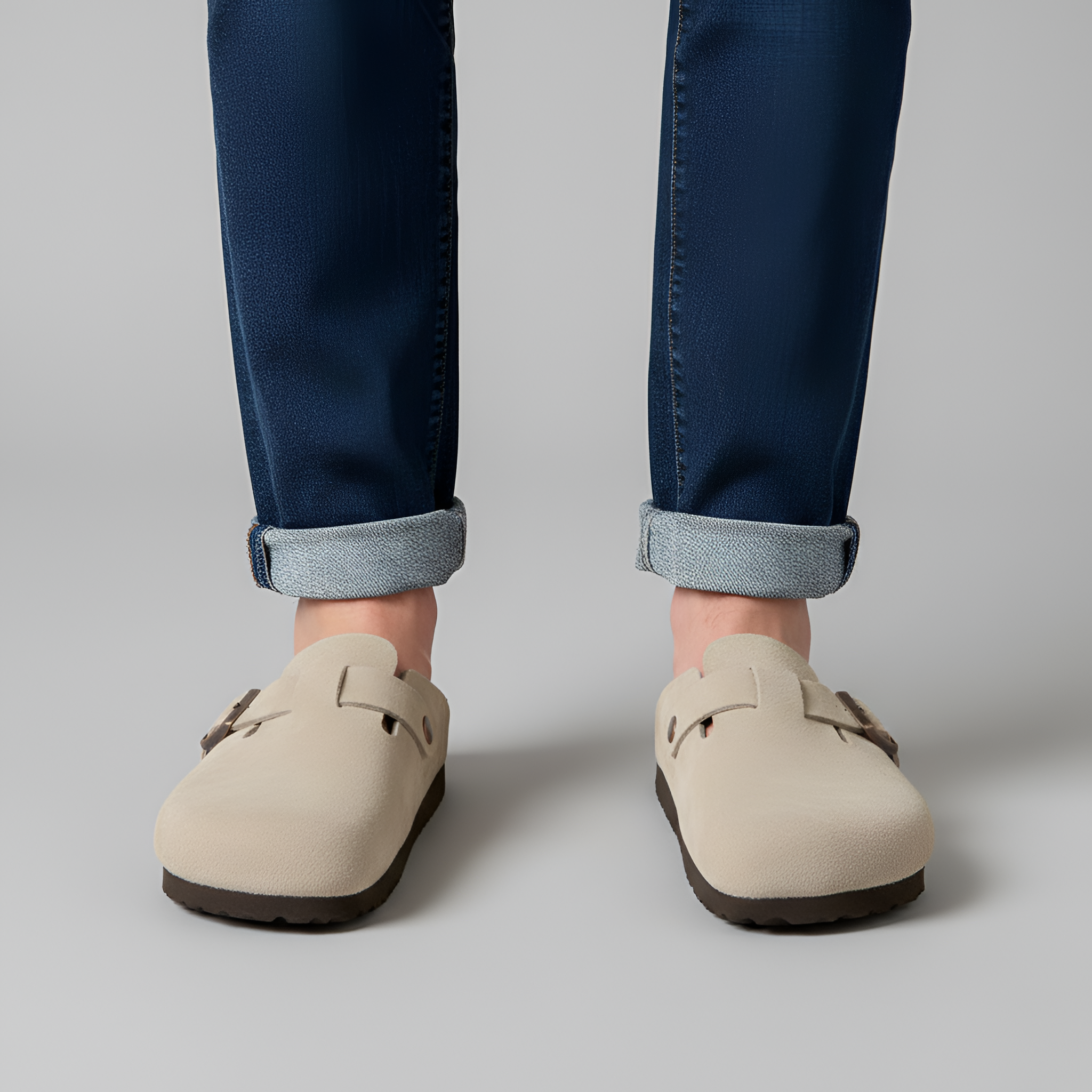 Herre clogs i ruskind med spænde og korksål i læder