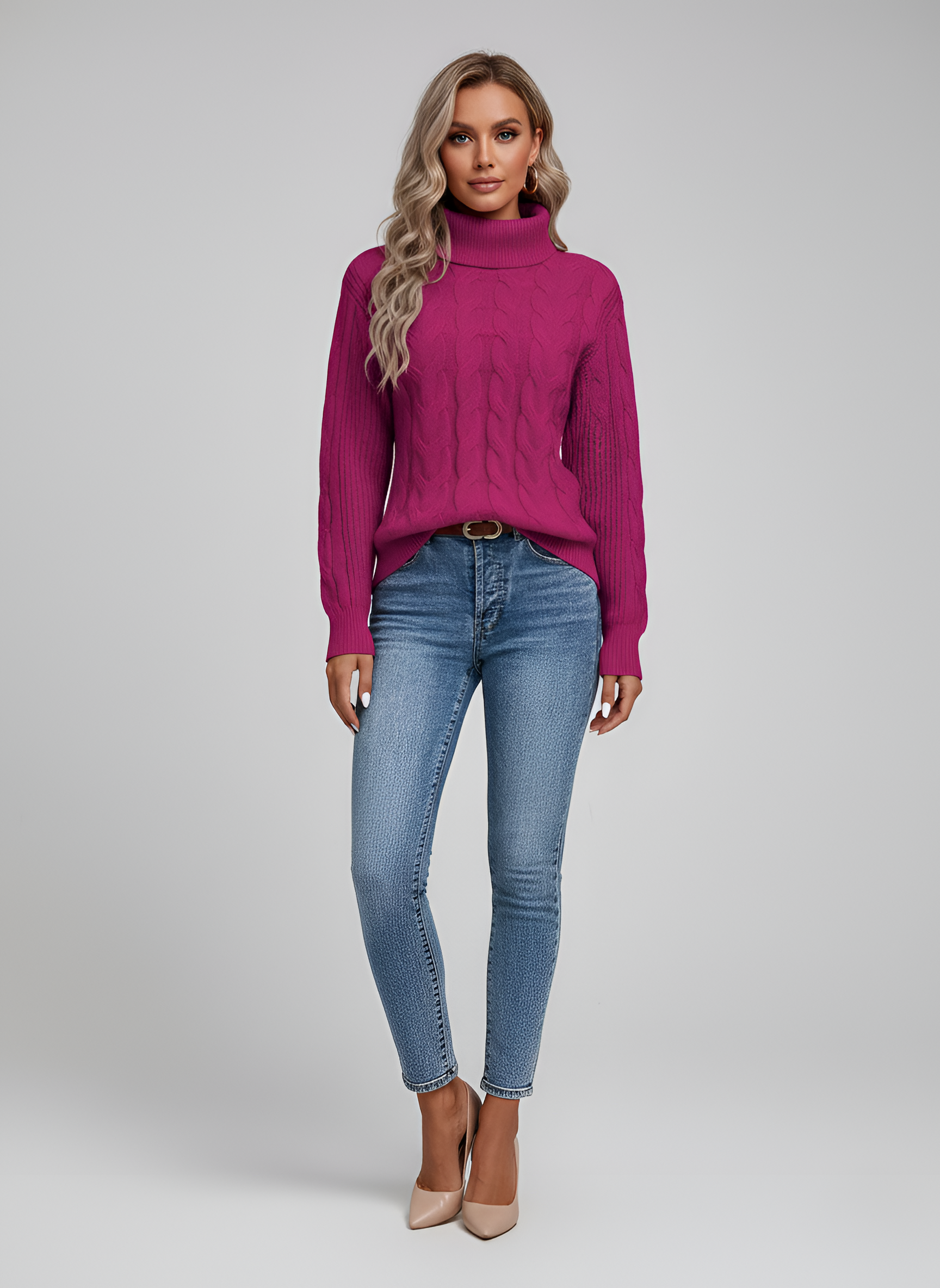 Pull femme à col roulé et torsades