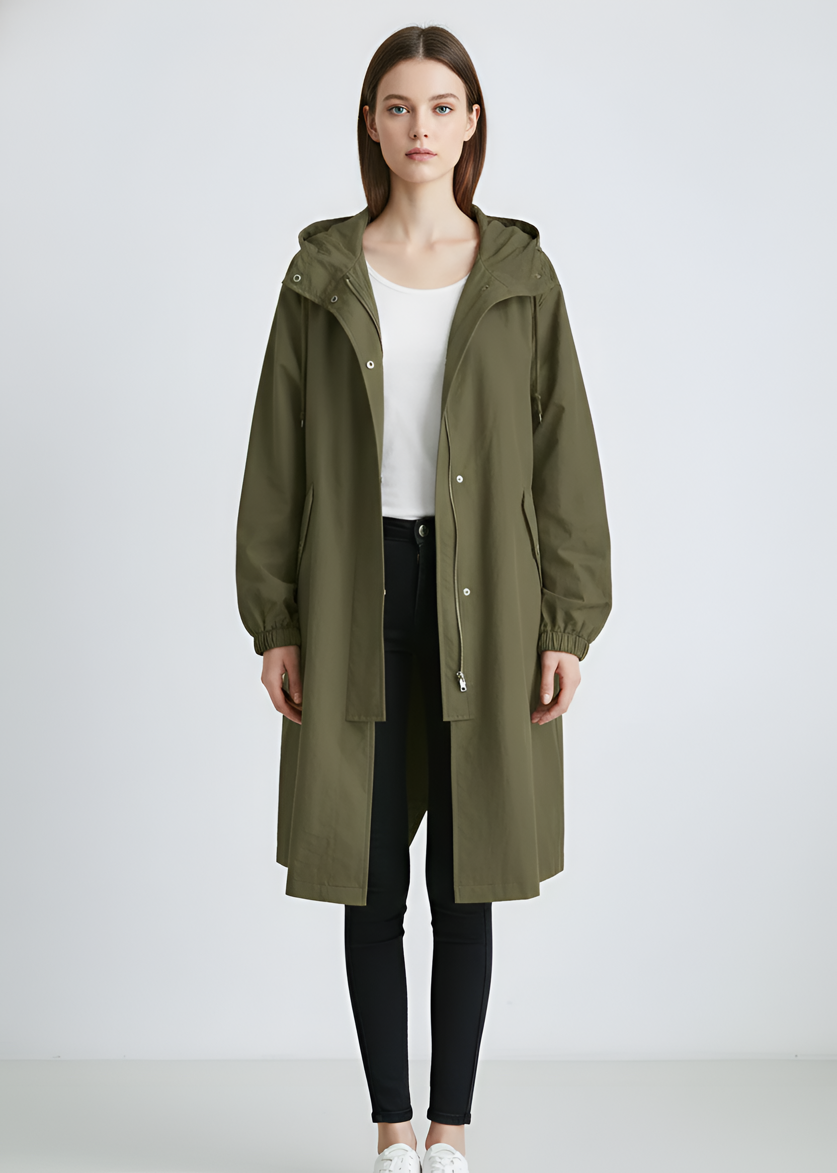 Lang damejakke med hætte let overgangsjakke til hverdagsbrug