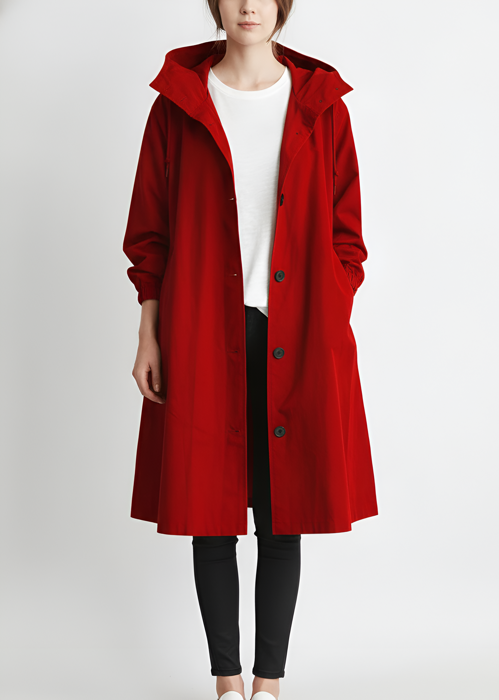 Lang damejakke med hætte let overgangsjakke til hverdagsbrug