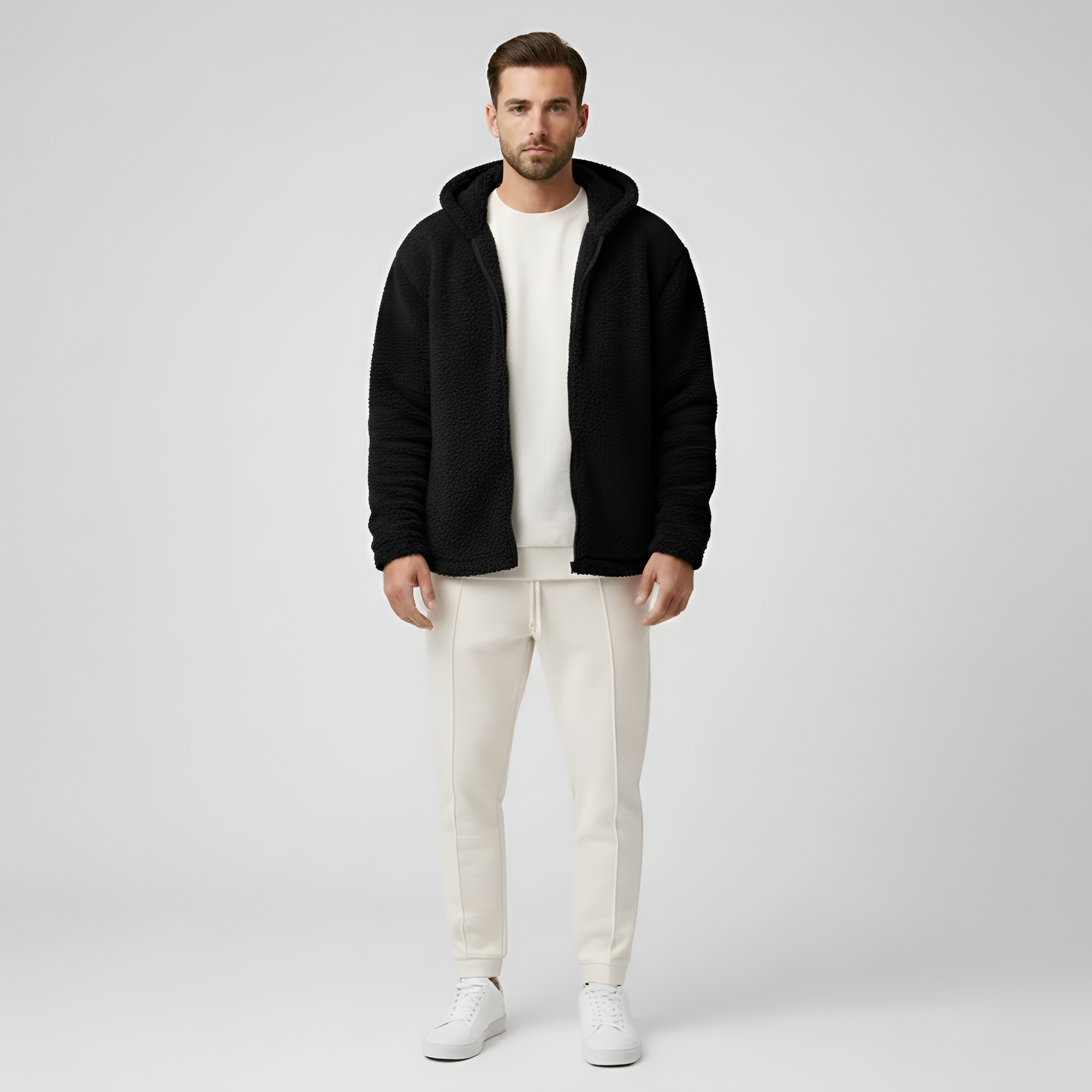 Herre fleece jakke med hætte og lynlås