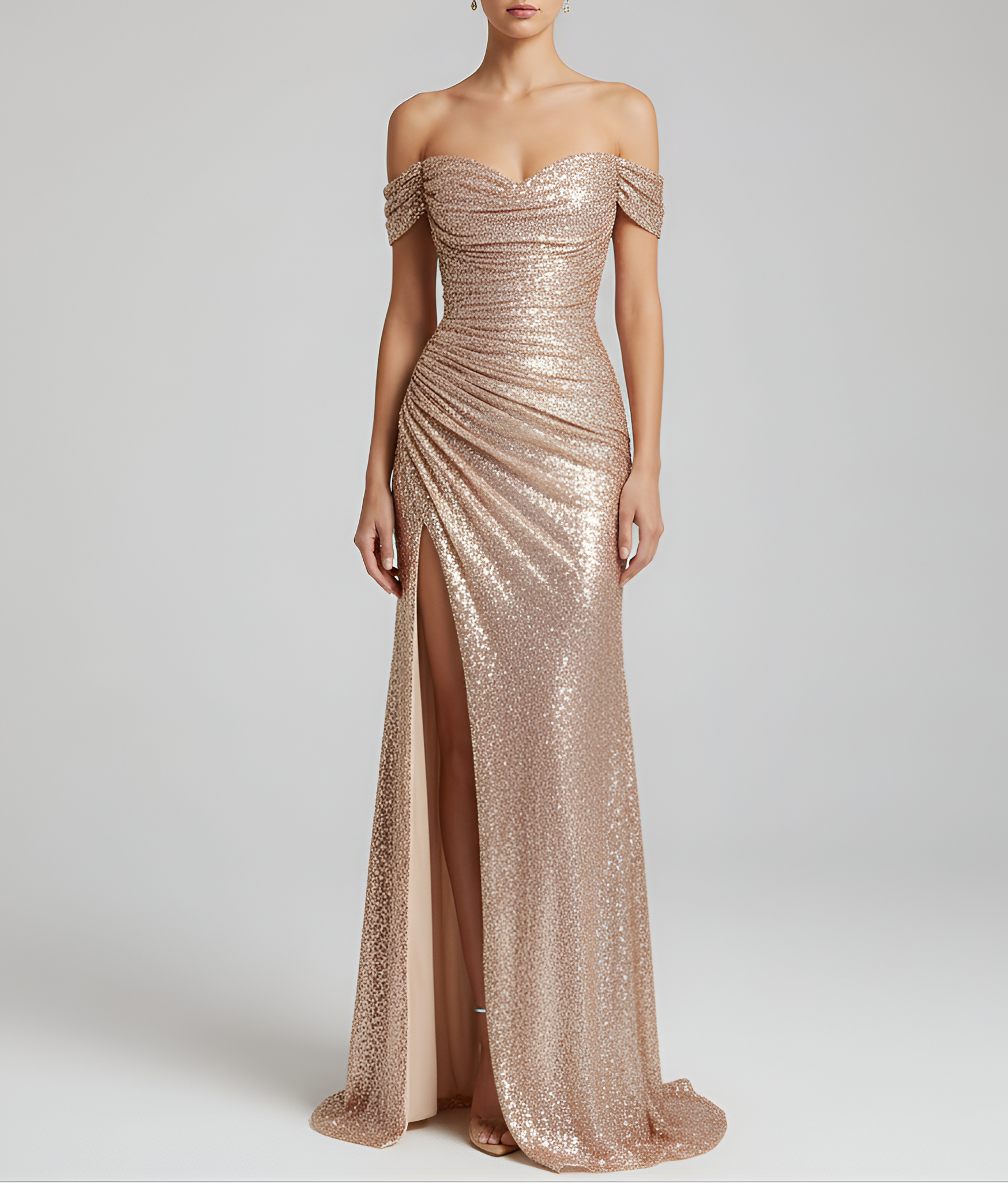 Off shoulder gallakjole med slids og glitrende overflade