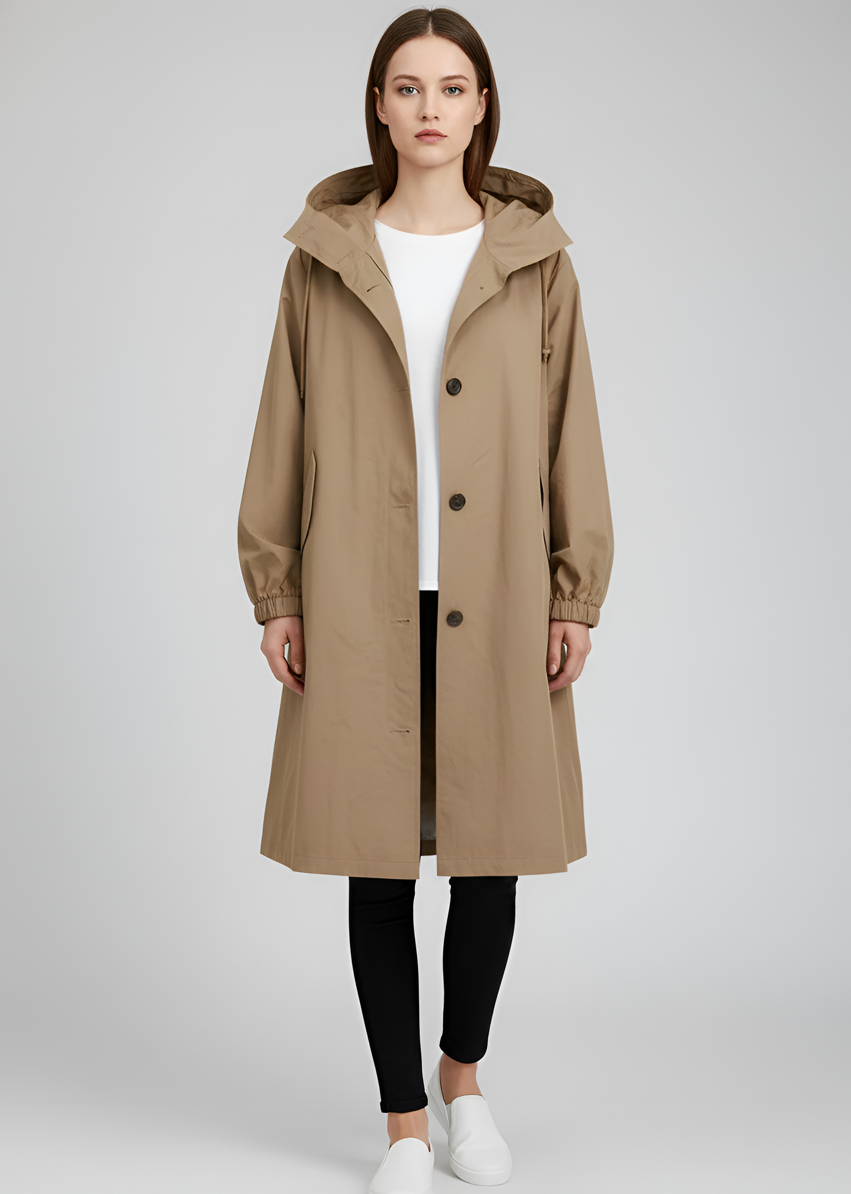 Lang damejakke med hætte let overgangsjakke til hverdagsbrug