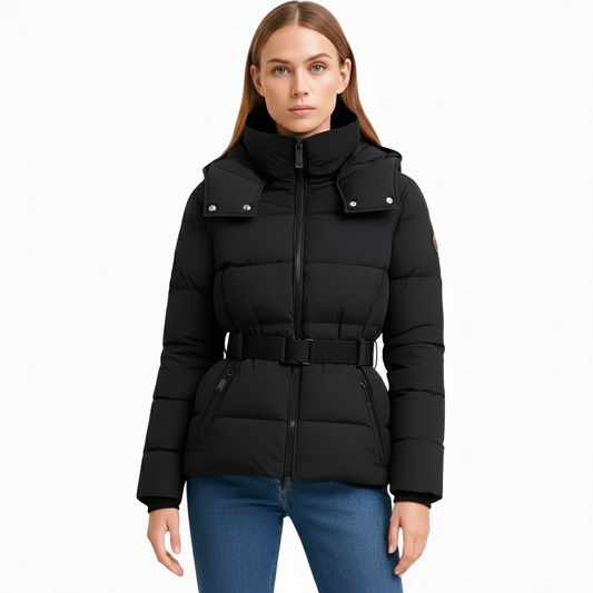 Pufferjakke med bælte, vandafvisende, til kvinder