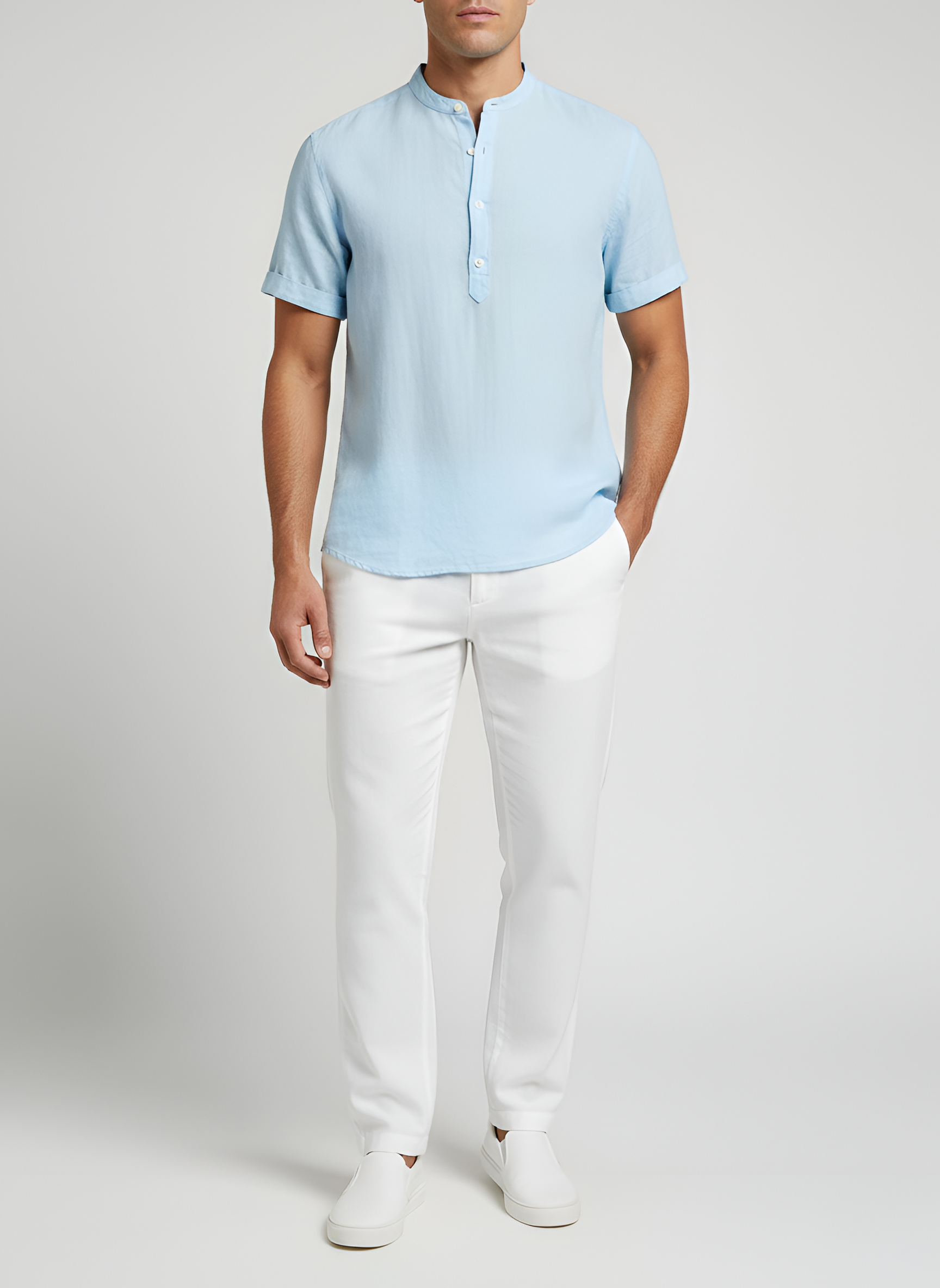 Kortærmet herreskjorte med V-udskæring i hørblanding afslappet pasform