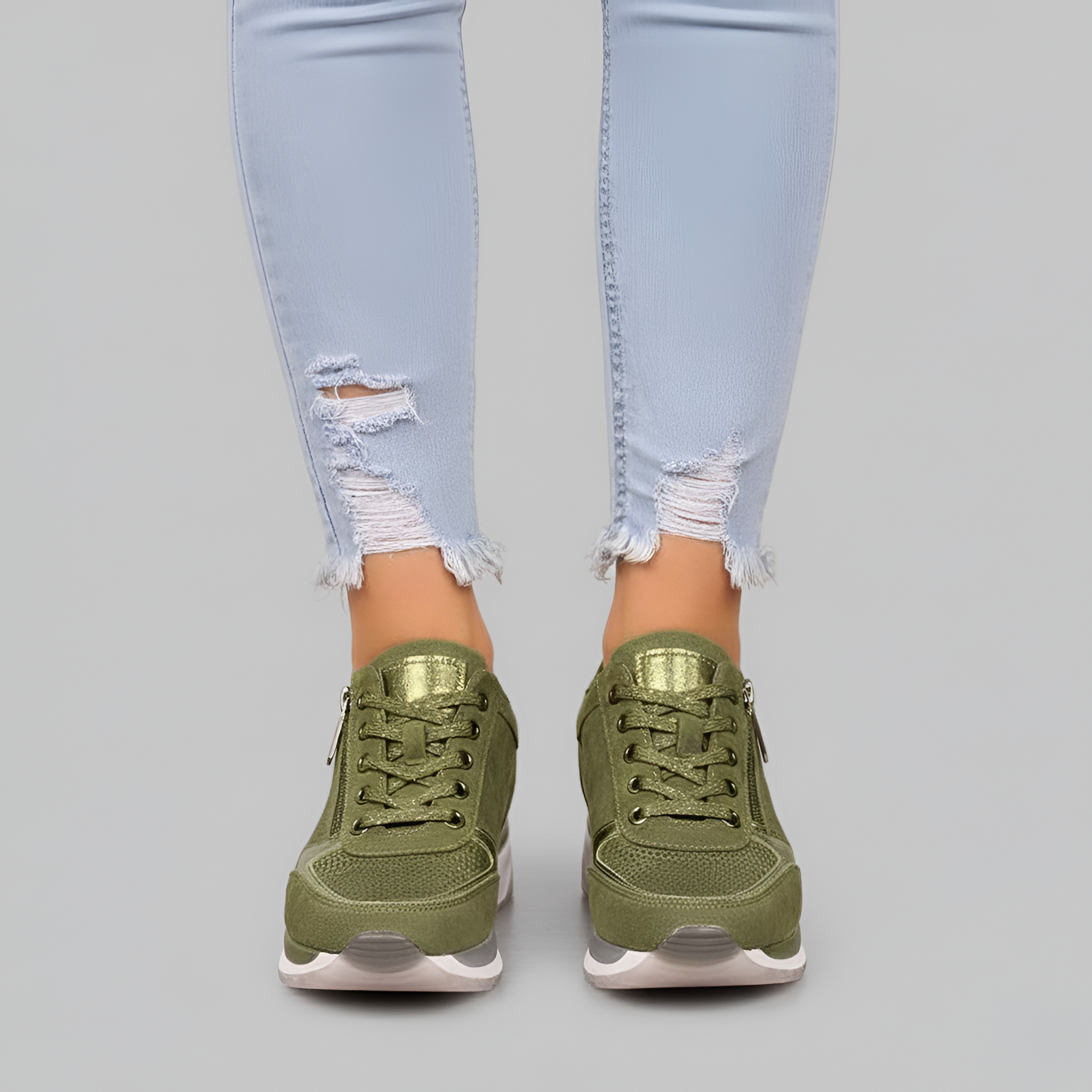 Damesneakers med snørebånd og lynlås med komfortsål