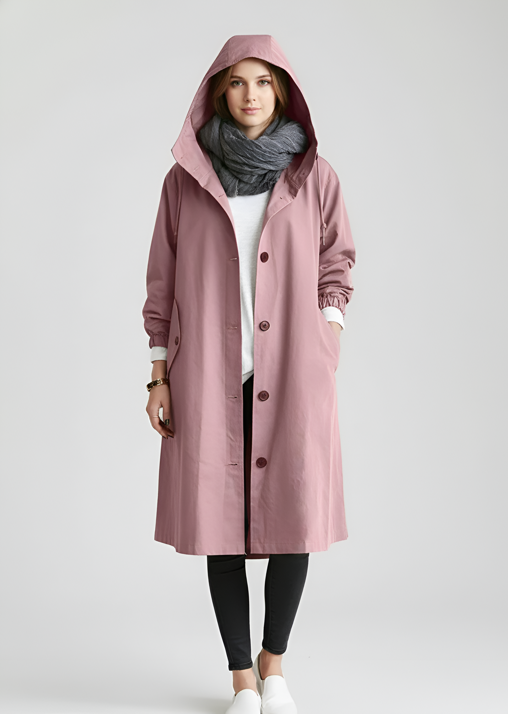 Lang damejakke med hætte let overgangsjakke til hverdagsbrug