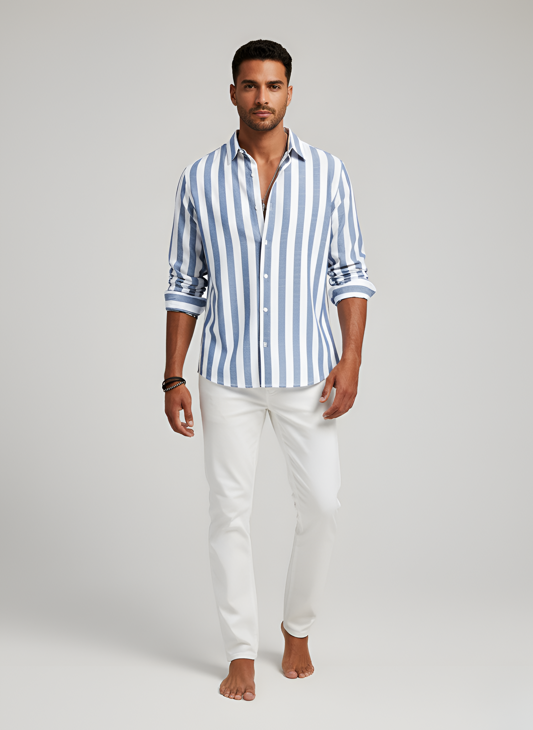 Herre stribet skjorte i bomuld slim fit med knapper