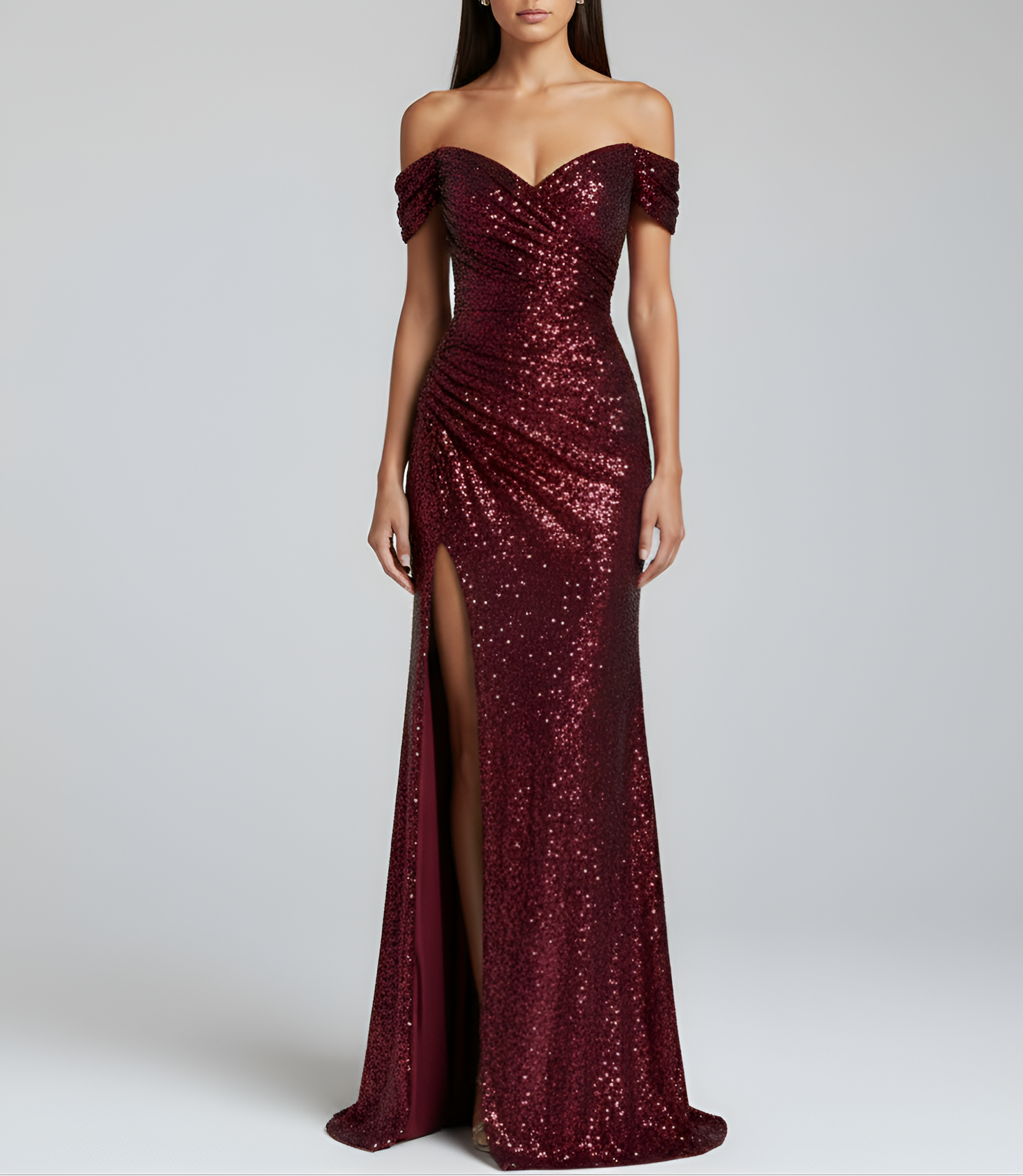 Off shoulder gallakjole med slids og glitrende overflade