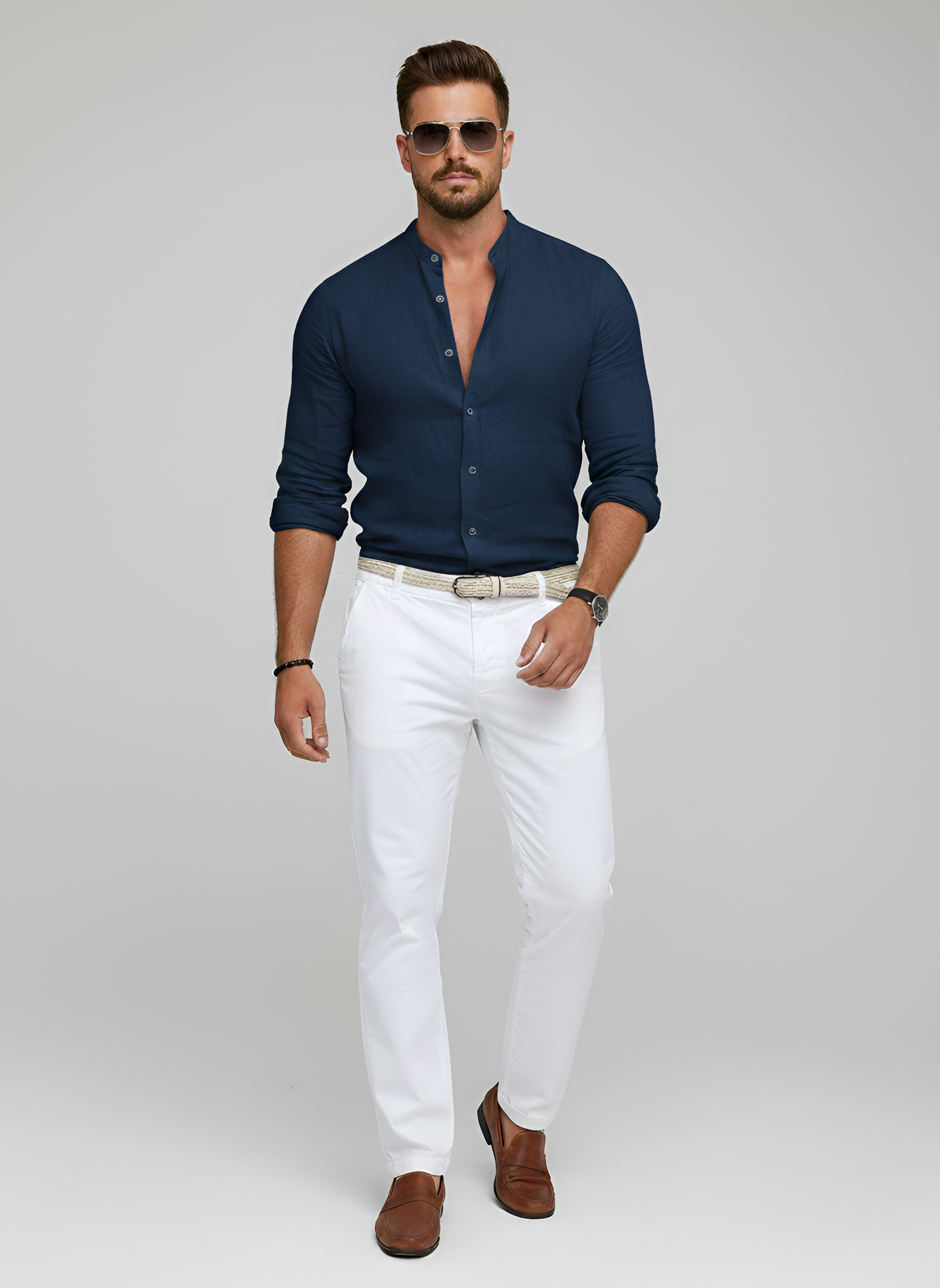 Herreskjorte i bomuld med kinakrave og lange ærmer