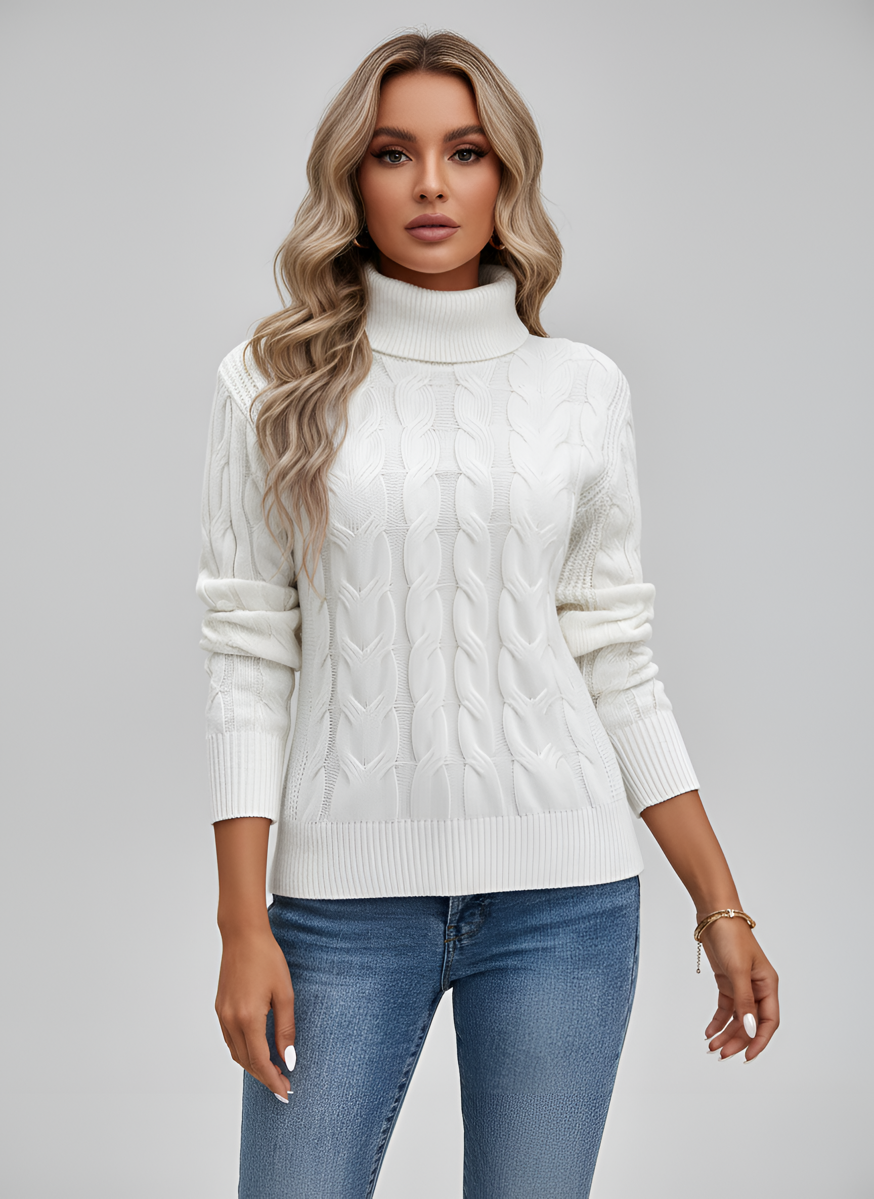 Pull femme à col roulé et torsades
