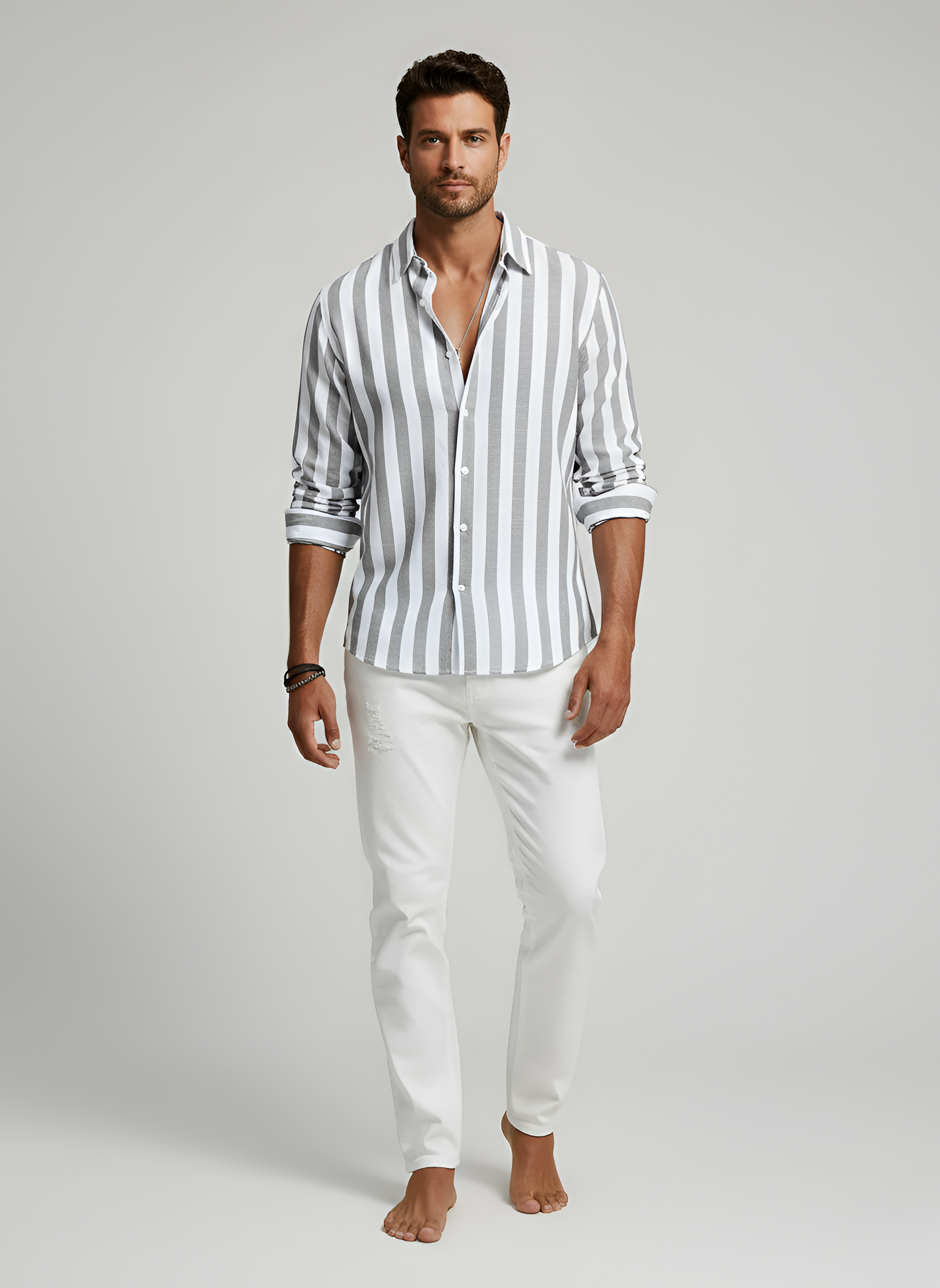 Herre stribet skjorte i bomuld slim fit med knapper