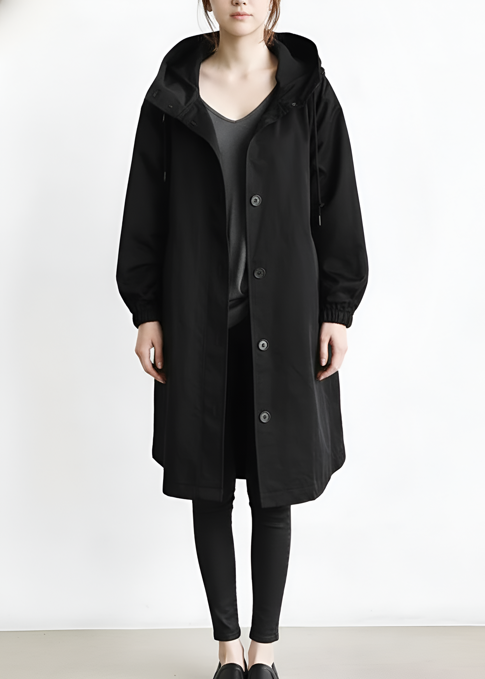 Lang damejakke med hætte let overgangsjakke til hverdagsbrug