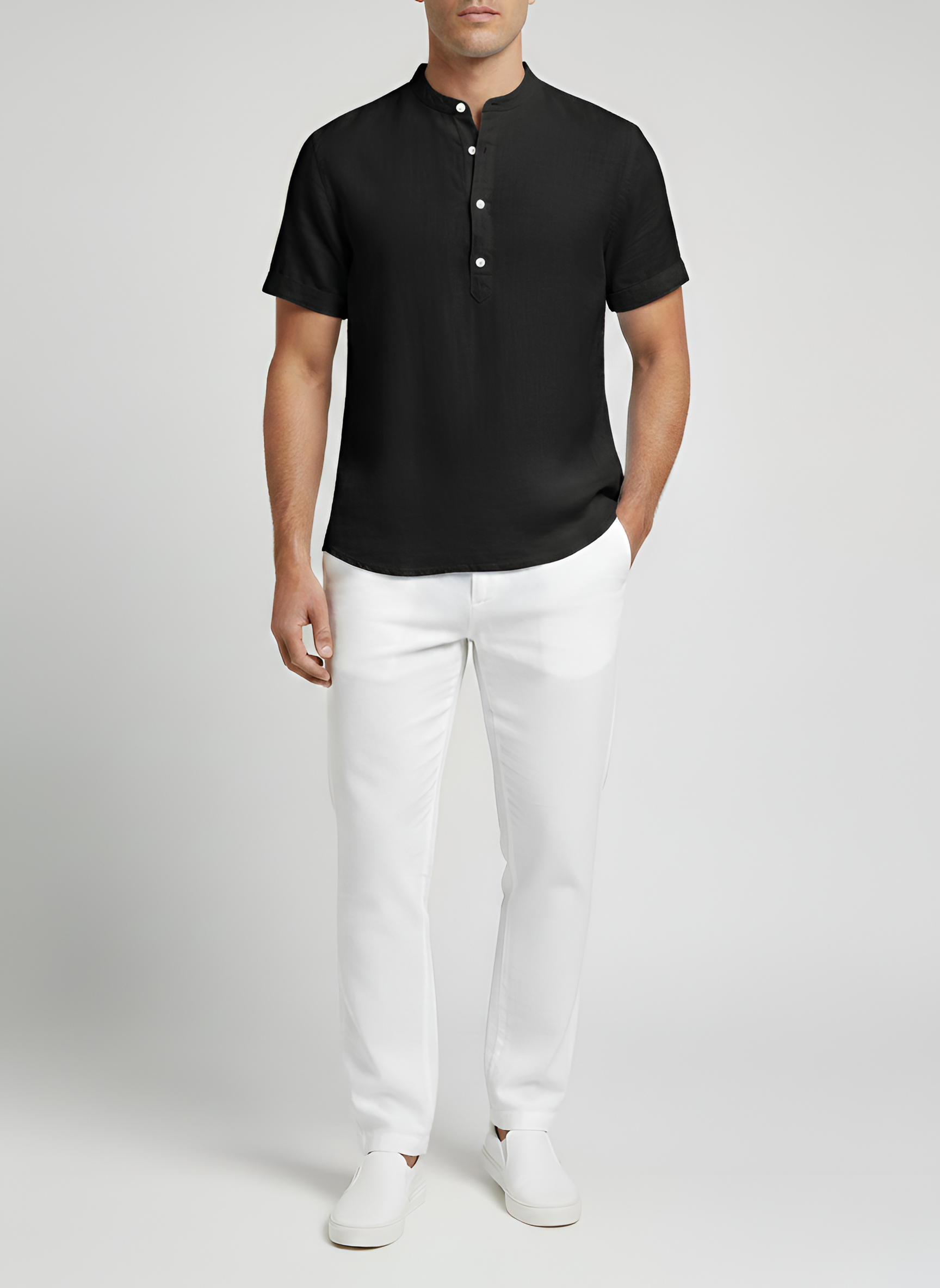 Kortærmet herreskjorte med V-udskæring i hørblanding afslappet pasform