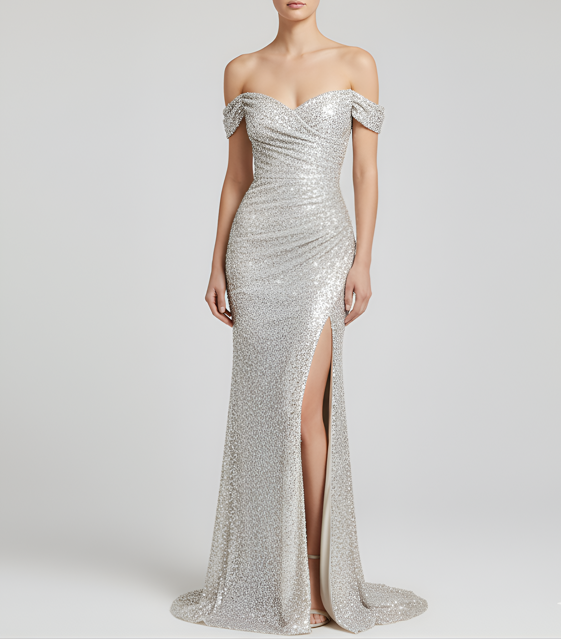 Off shoulder gallakjole med slids og glitrende overflade