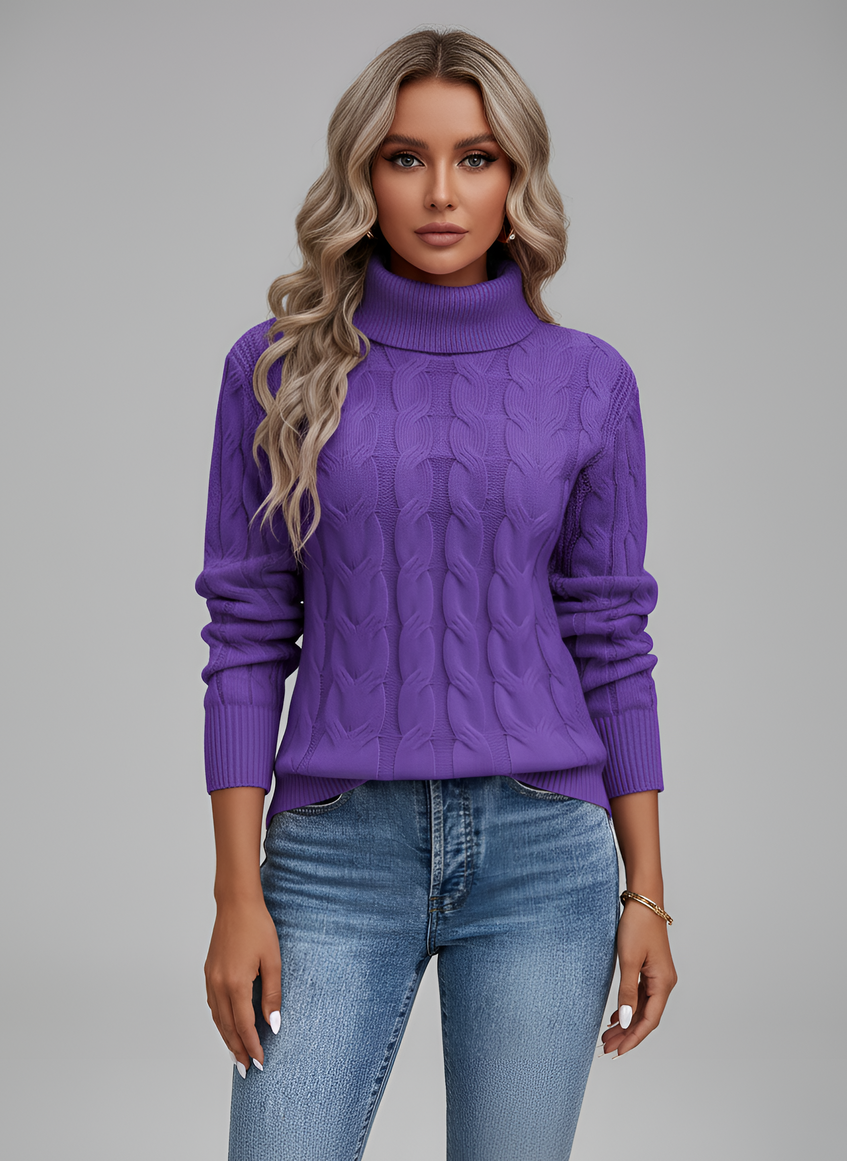 Pull femme à col roulé et torsades