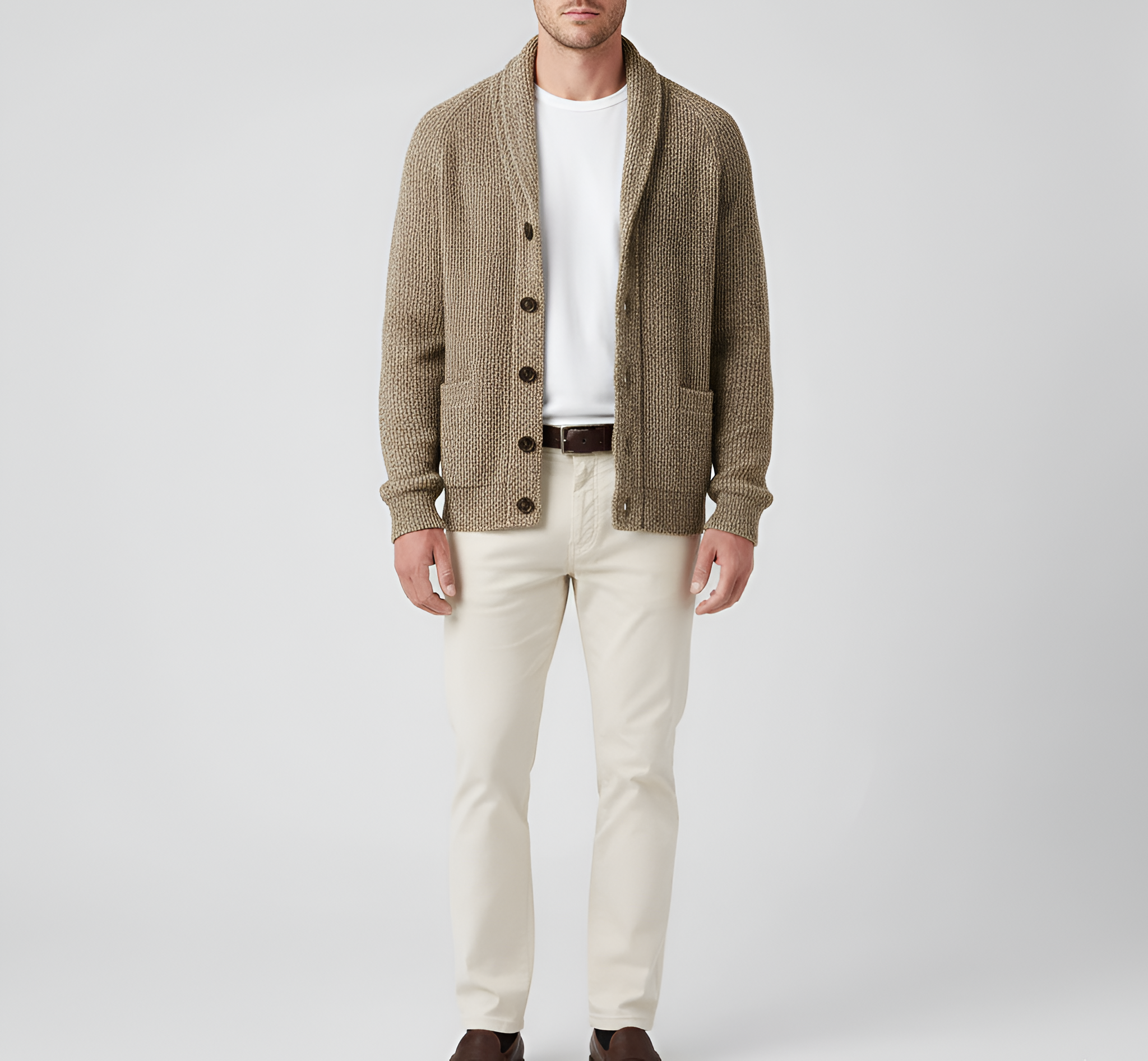 Cárdigan de hombre de lana con cierre de botones y cuello chal