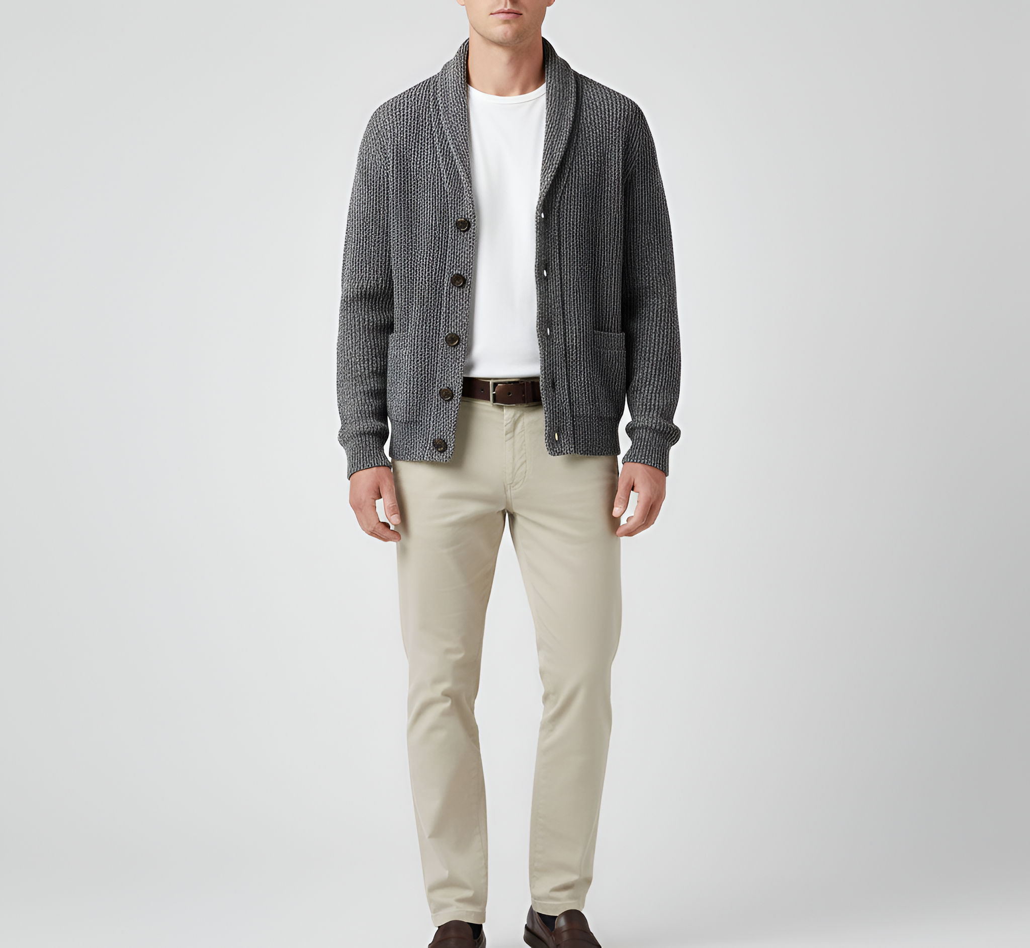 Cárdigan de hombre de lana con cierre de botones y cuello chal