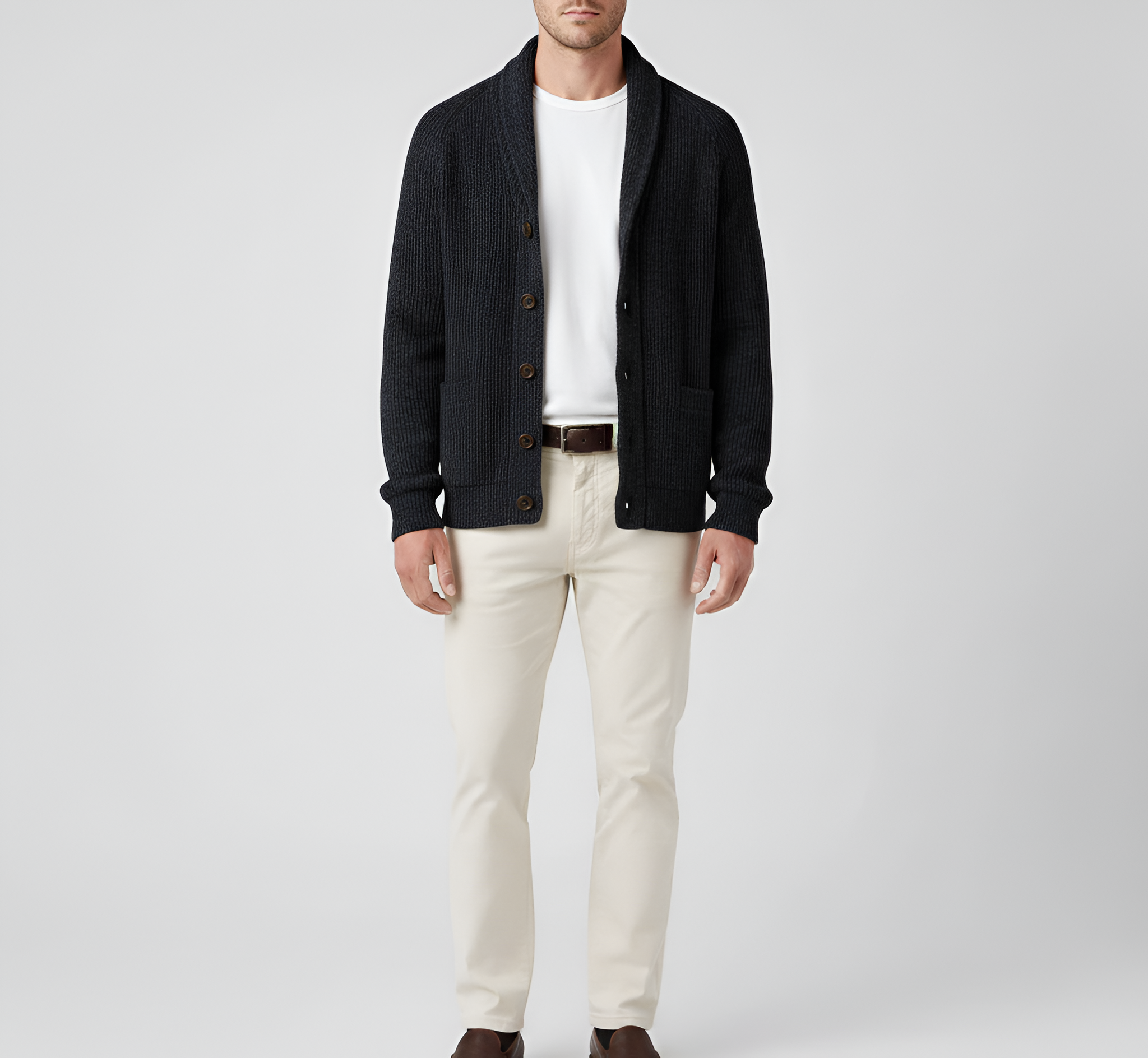 Cárdigan de hombre de lana con cierre de botones y cuello chal