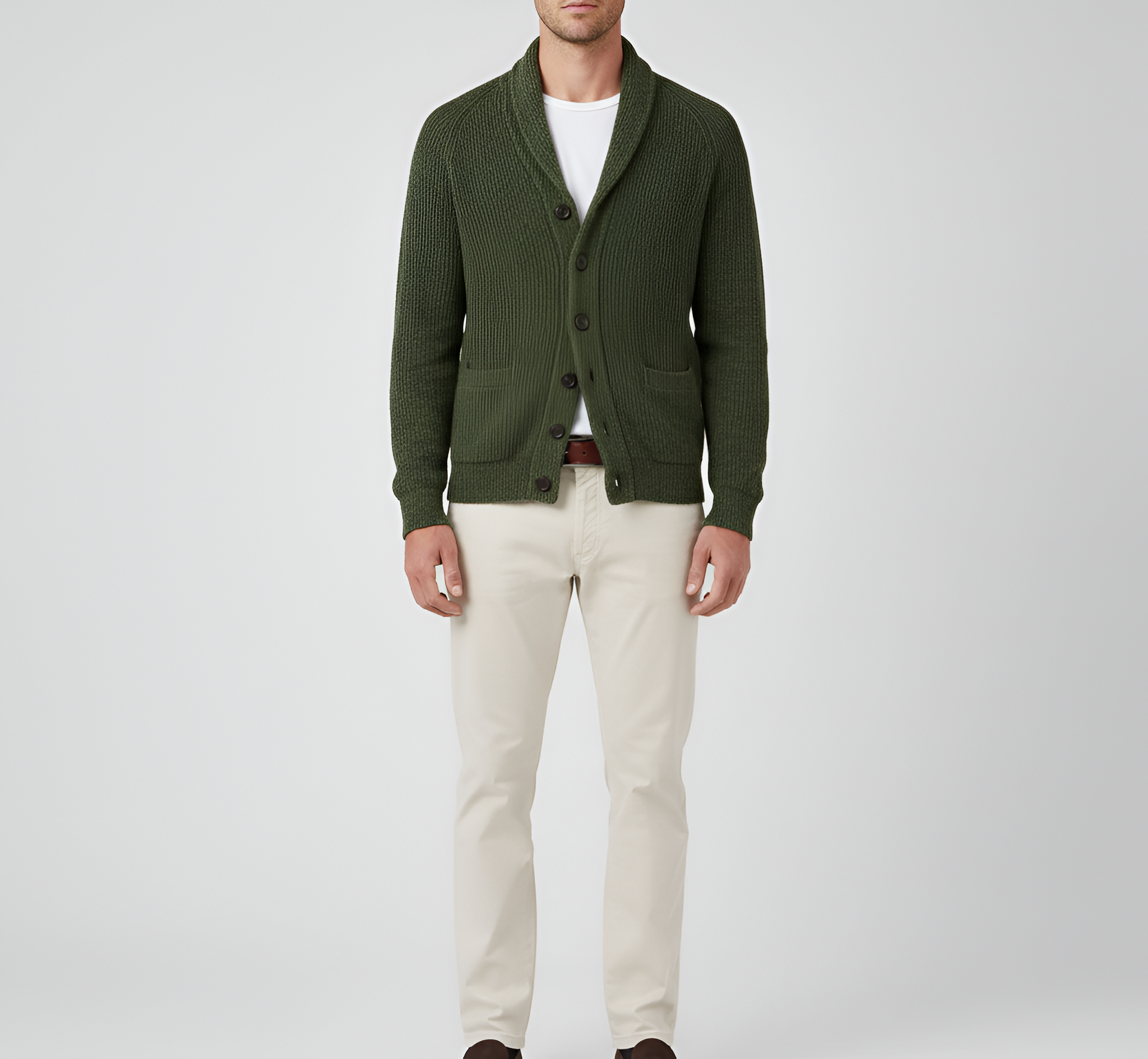 Cárdigan de hombre de lana con cierre de botones y cuello chal